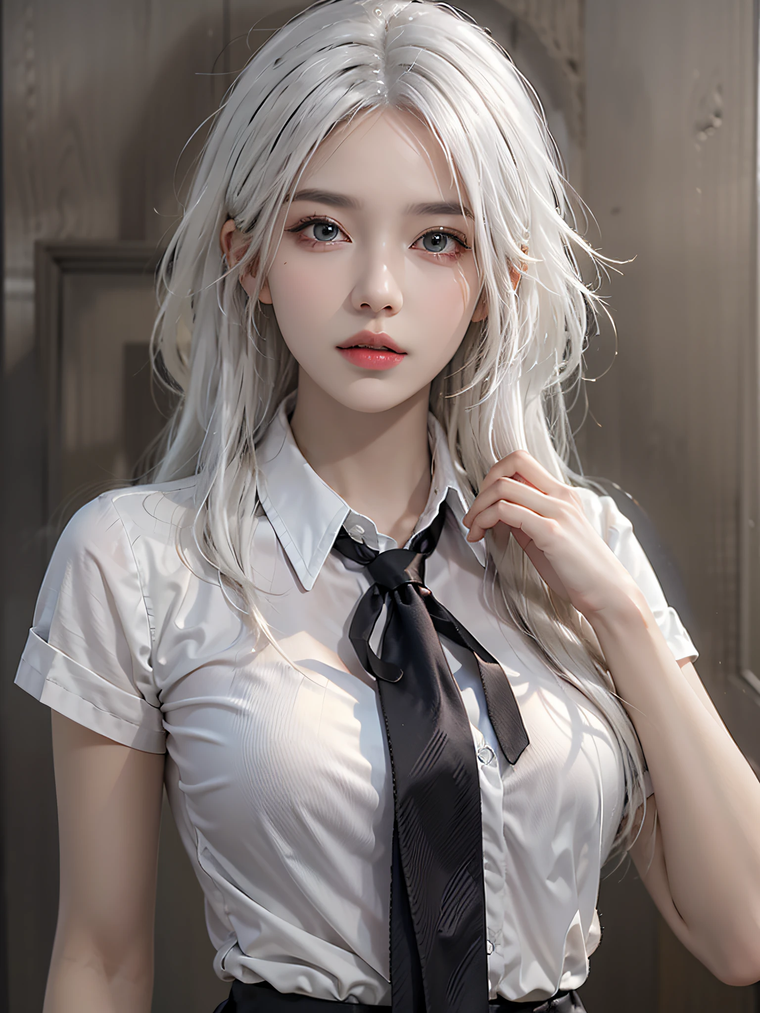 photorealistic, high resolution, 1 women, solo, hips up, look at viewer, (detailed face), white hair, long hair, school uniform, skirt