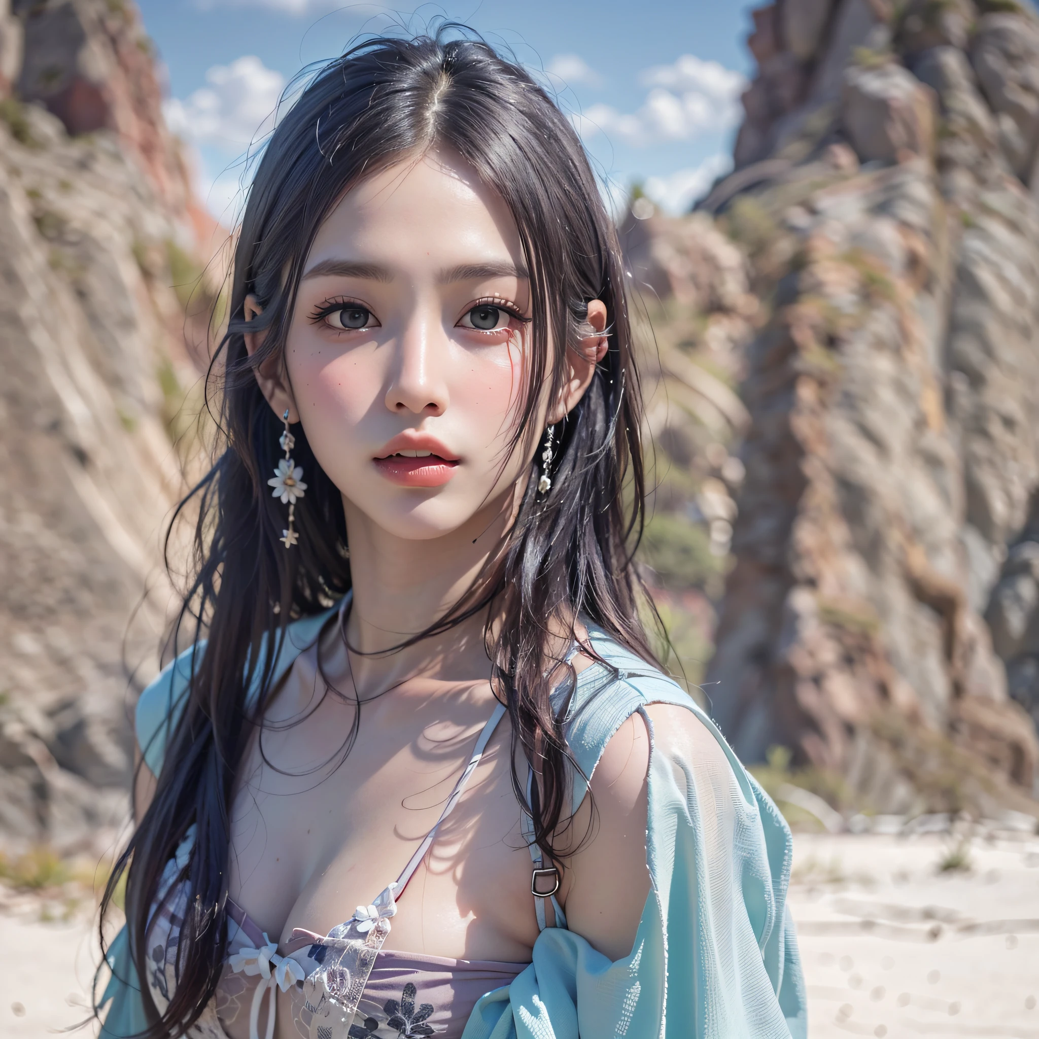 (Salar de Uyuni:1.3), (Clear blue sky and clouds reflecting on the surface of the lake), (fullbody), (Medium hair, black hair), (top-quality, Photorealsitic:1.4, masterpiece:1.3, RAW Photography:1.2, cinematric light, very detailed illustration), (1woman:1.3, solo), (asian girl, ultra delicate face, ultra Beautiful fece, ultra delicate eyes, ultra detailed nouse, ultra detailed mouth, ultra detailed facial features), petite woman, (Swimwear with a small area), (medium breast:1.3), from the front side, skiny, lipgloss