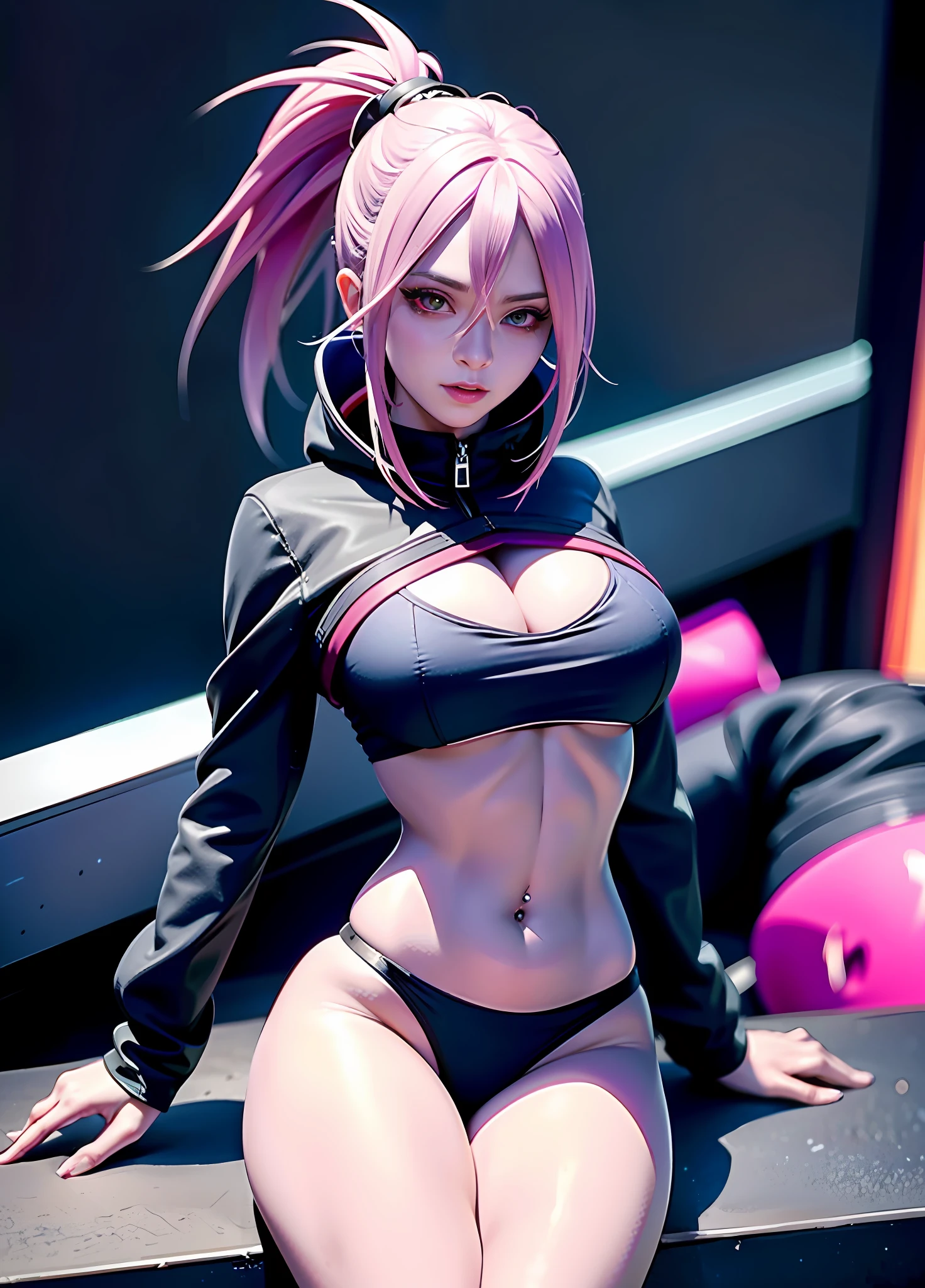 Close-up of a person with a very beautiful body and a very sexy body, cyberpunk anime girl, female cyberpunk anime girl, anime cyberpunk art, Digital cyberpunk anime art, cyberpunk anime art, cyberpunk anime girl in hoodie, - Anime art，pink tattoo，There is a tattoo on the stomach，A pink-haired，sitting down，Flame it up，Desire expression