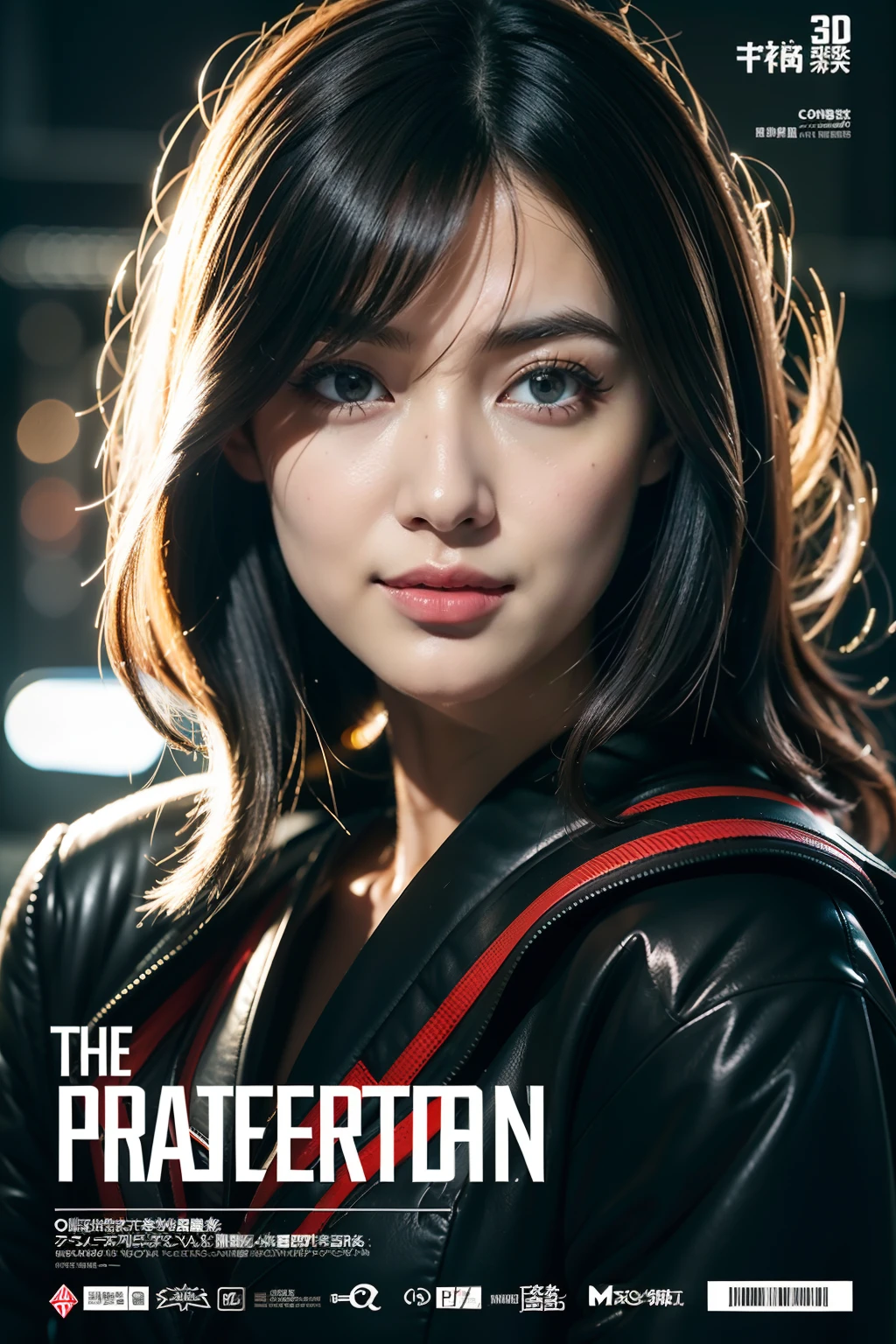 (8K分辨率,。.。.。.3D,offcial art,(MagazineCover:1.4),captures the attention,Oversized title font,Catchy,Title is large,More eye-catching,modern day),(1womanl,(Tever's facial features:1.8,The delicate face of),Jet-black slightly curly hair,(Fluffy and messy,Light bangs, There are levels),((Robotic prosthetics),(Body part robot prosthesis),Light on the machine,Controller Mask,dynamicposes),perfect hand,Ultra-fine materials),(Cyberpunk woman and her mecha,Ruins of the city of war,scientific fiction,Exquisite environment details,MagazineCover:1.4),(invigorating,Confident smile,Rejoice),(Cover typography,profetional lighting,动态照明 ,Maximum clarity and sharpness, multi-layer texture, Albedo e mapas Speculares,Sharp Focus),((Strong color contrast,(The color is black,Blue color,red colored))),(golden section,Cover of a,low angle shot,depth of fields,perfectly proportions,Hasselblad Photograp,tmasterpiece:1.3),(Vogue Cover,Cyberpunk Art,Cyberpunk Building,Art Platform),drooing eyes,white shirt