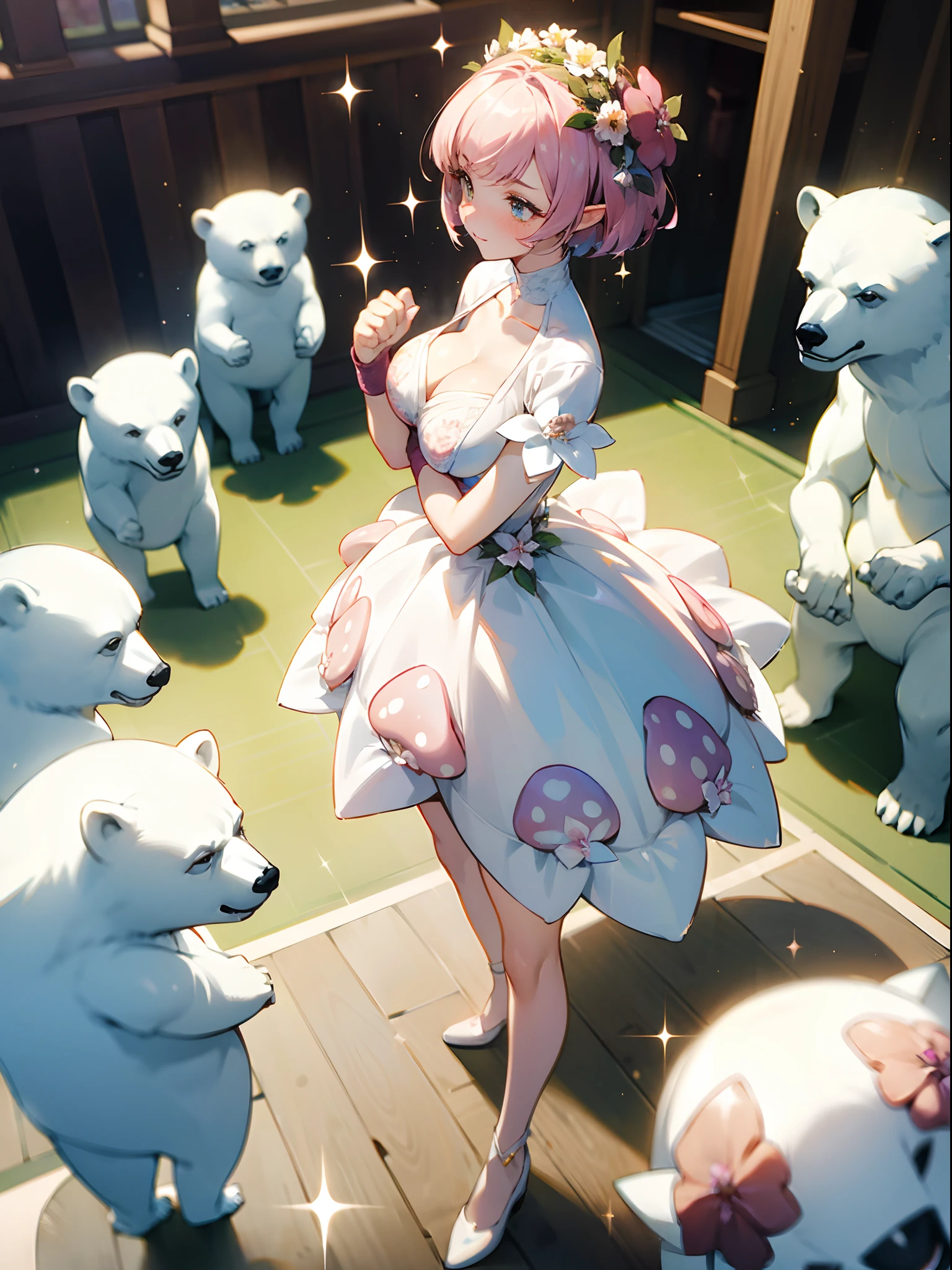 (fighting each other, boxing girl:1.3), ((gorgeous:1.3) flower dress:1.3), glittery hair, beautiful eyes, (beautiful breast:1.3), pearl skin, (standing polar bear:1.3),　(flower:1.3), 
break
(mushroom on head:1.2), waist-twist, (short hair:1.3), (sparkle:1.3), (Composition looking down from above:1.2), 
break, 
stare at camera,  E, elf, (embarrassed:1.2), smile, 
 break
(oil painting, pastel color, Victorian), (open legs:1.2),