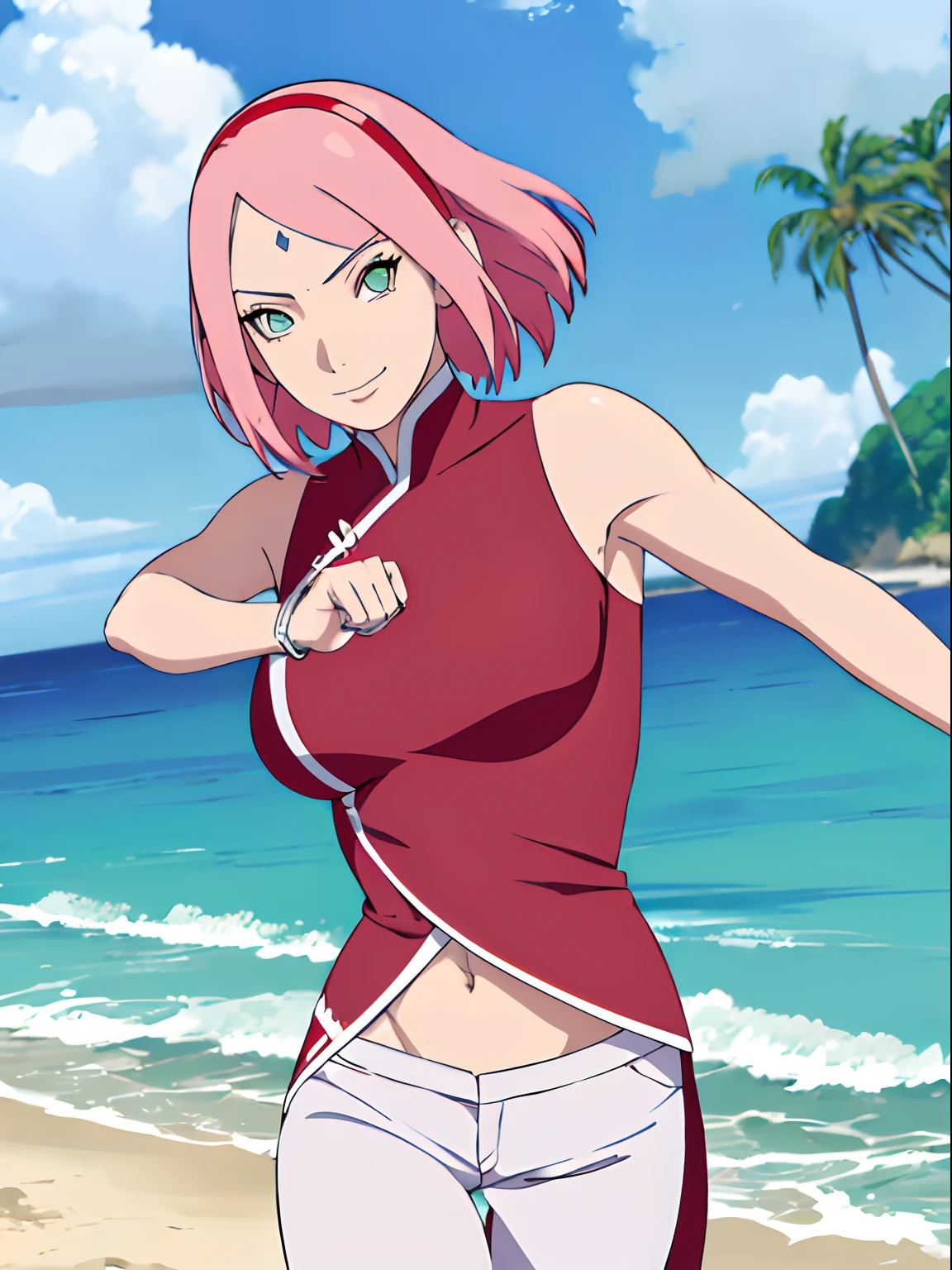 (masterpiece, 1k, anime style, hand drawing, vector coloring, portrait, face shot, professional artwork, detailed beach background, intricate details, colorful, bold drawing lines), (ultra detailed body, ultra detail hair, ultra detail face), trending on pixiv, kind smile, very hot color, best quality, 1girl, hires, haruno sakura, contrasty lighting, (forehead mark, milf, red hairband, pale skin, short hair, ((red sleeveless dress), white pants), navel, groin, bracelet, looking at viewer, crossed arms, pink hair, green eyes, smile, beach, wind, floating hair, detailed arms, off-shoulders, muscular arms, standing), sunnyday