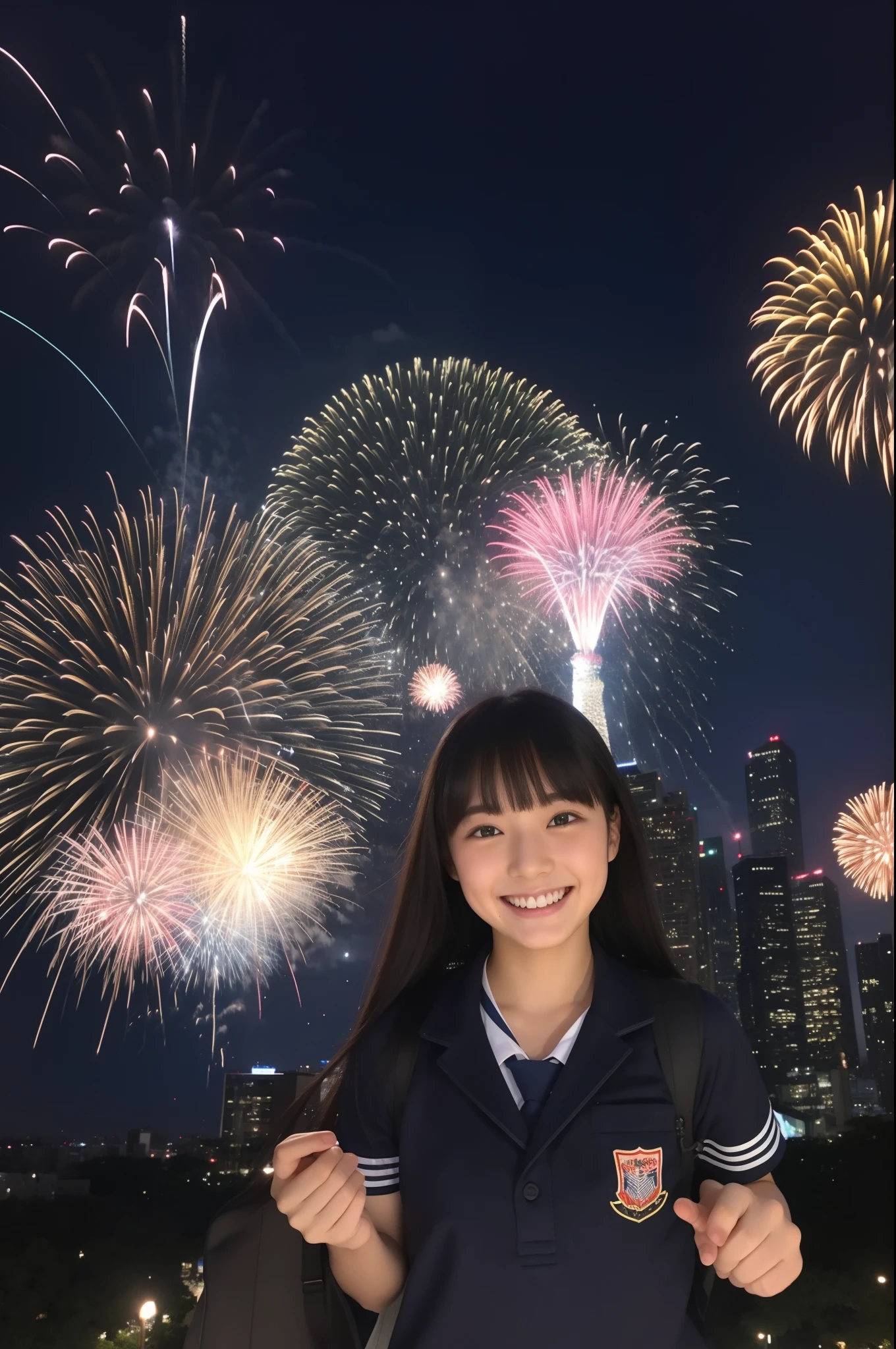 A smile、hi-school girl、校服、While doing fireworks、mare、Tokyo Skytree