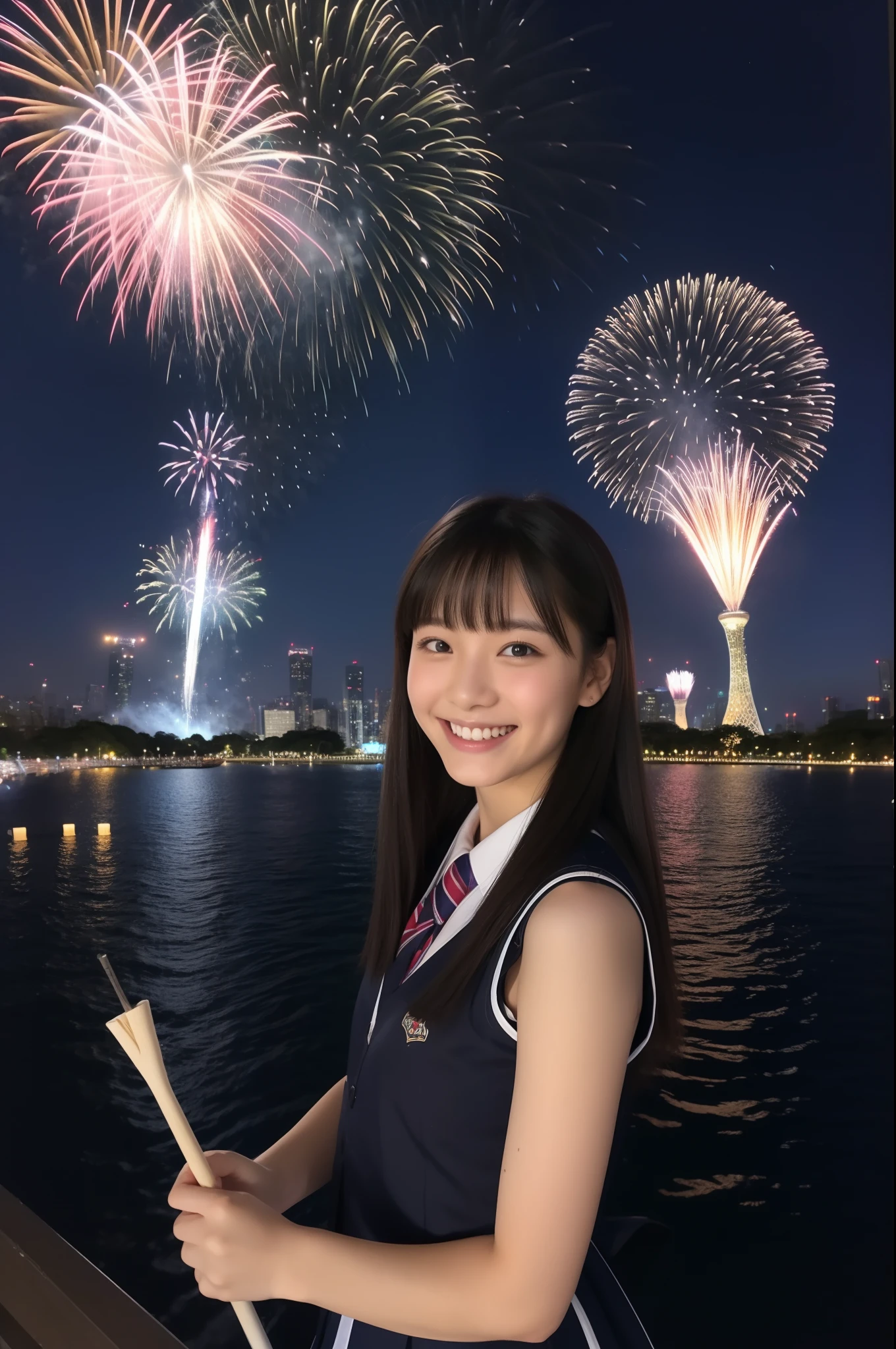 A smile、hi-school girl、校服、While doing fireworks、mare、Tokyo Skytree