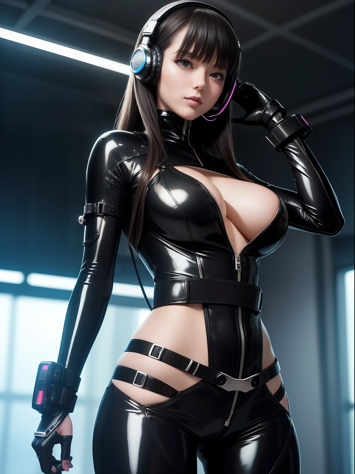 18year old, ((top-quality)), ((masterpiece)), (high-detail:1.3), Beautiful fece (cyberpunked:1.3), ((Stylish woman in black bondage rubber suit)), (Headset equipped with microphone), Silver zipper, large full breasts, Slim waist, big butts, (japanese beauty girl), ((Belt under the waist)), superfine illustration, A dark-haired, With bangs, shiny, (ssmile),