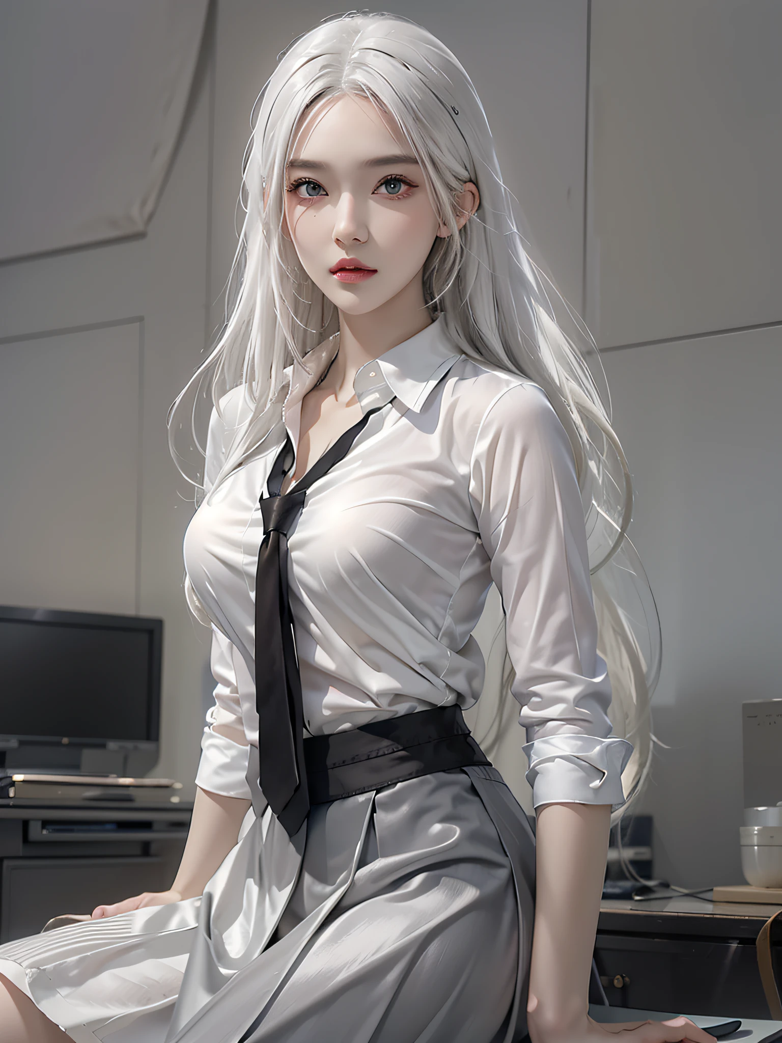 Photorealistic, high resolution, 1 woman, Hips up, Beautiful eyes, White hair, Long hair, ringed eyes, Collared shirt, black necktie,Black skirt, pencil skirts