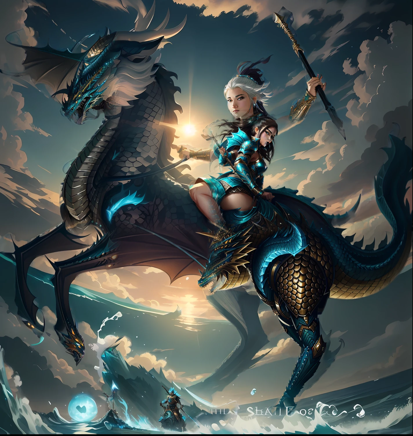 Dragon rider with a spear in her hand., Dragon Rider, Dragon Ride, age girl riding a dragon, epic fantasy digital art style, epic fantasy art style, Fat Dragon vs. Rider, by Shitao, dragon girl, Joe Biden rides a dragon, by Yang J, detailed cover artwork, Jesus rides a dragon, symmetrical epic fantasy art