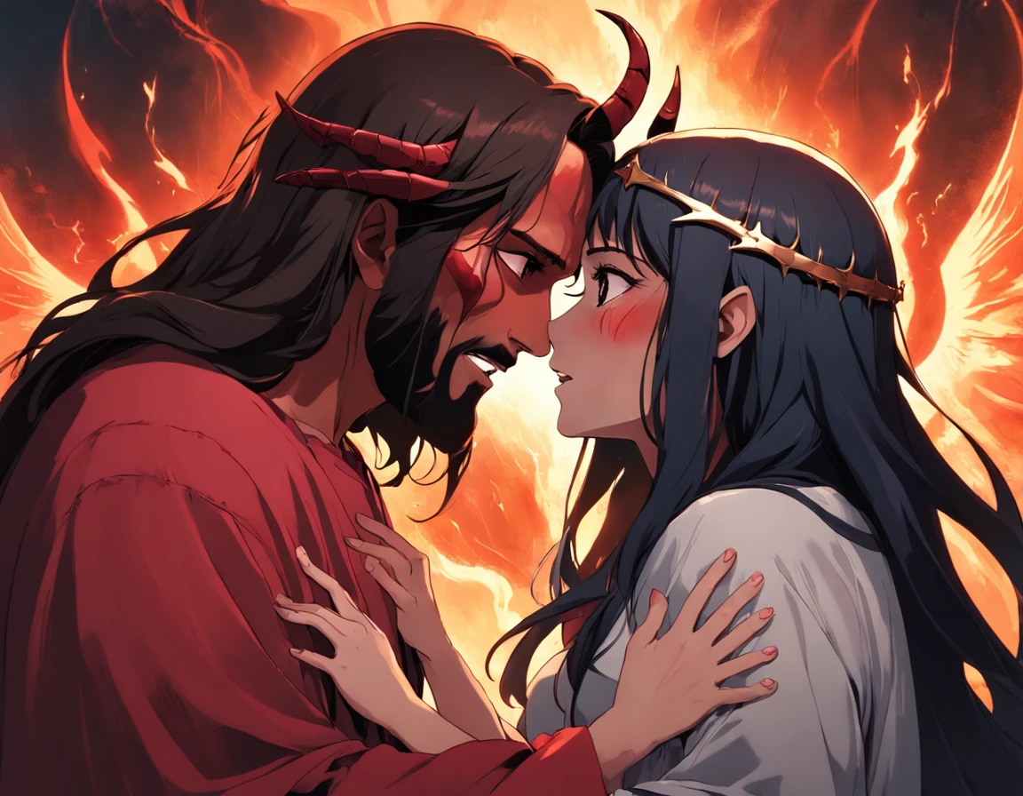 "Love scene between Jesus and the devil woman. A sensitive and intense manifestation of the conflict between good and evil, With a mysterious gloomy atmosphere. Highlight the facial expressions of the characters, Convey passion and tension. Dramatic lighting and rich colors, Enhance the emotional depth of the scene. Carefully crafted details, As clothing and scenery, Increase realism and enrich visual storytelling. A combination of symbol elements, As a religious and supernatural element, Create unique and engaging experiences."