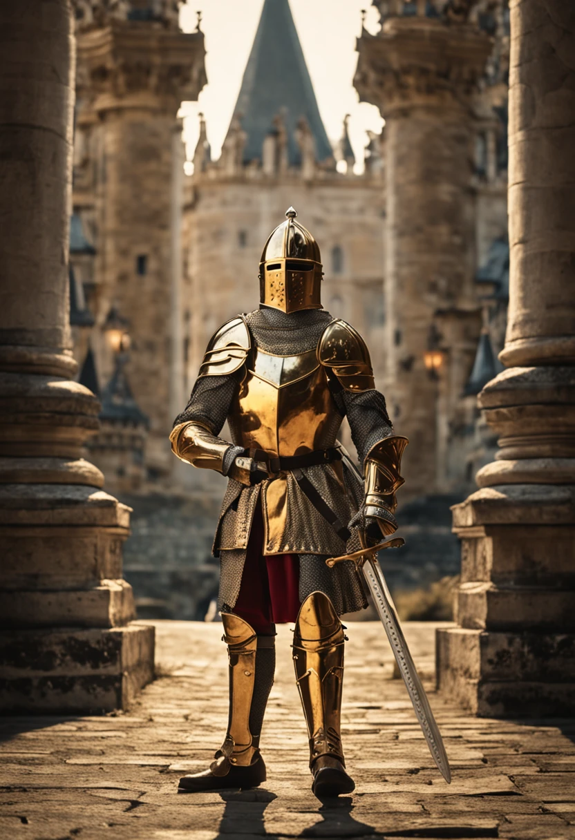 majestic royal knight dressed in golden armor, holding a sword with confidence and valor. The knight stands tall and strong against the backdrop of a magnificent castle, bathed in sunlight, showcasing the regality and power of the royal order. This high-definition image captures the essence of chivalry and nobility, making it perfect for projects that require a touch of grandeur and heroism.