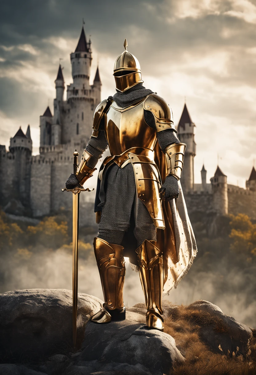 majestic royal knight dressed in golden armor, holding a sword with confidence and valor. The knight stands tall and strong against the backdrop of a magnificent castle, bathed in sunlight, showcasing the regality and power of the royal order. This high-definition image captures the essence of chivalry and nobility, making it perfect for projects that require a touch of grandeur and heroism.