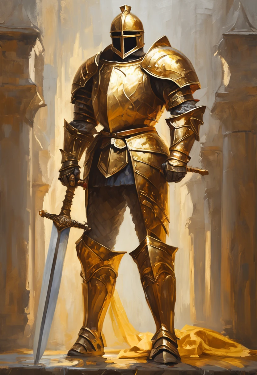 majestic royal knight dressed in golden armor, holding a sword with confidence and valor. The knight stands tall and strong against the backdrop of a magnificent castle, bathed in sunlight, showcasing the regality and power of the royal order. This high-definition image captures the essence of chivalry and nobility, making it perfect for projects that require a touch of grandeur and heroism.
