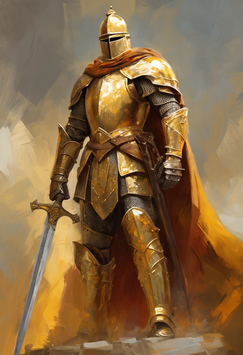 majestic royal knight dressed in golden armor, holding a sword with confidence and valor. The knight stands tall and strong against the backdrop of a magnificent castle, bathed in sunlight, showcasing the regality and power of the royal order. This high-definition image captures the essence of chivalry and nobility, making it perfect for projects that require a touch of grandeur and heroism.