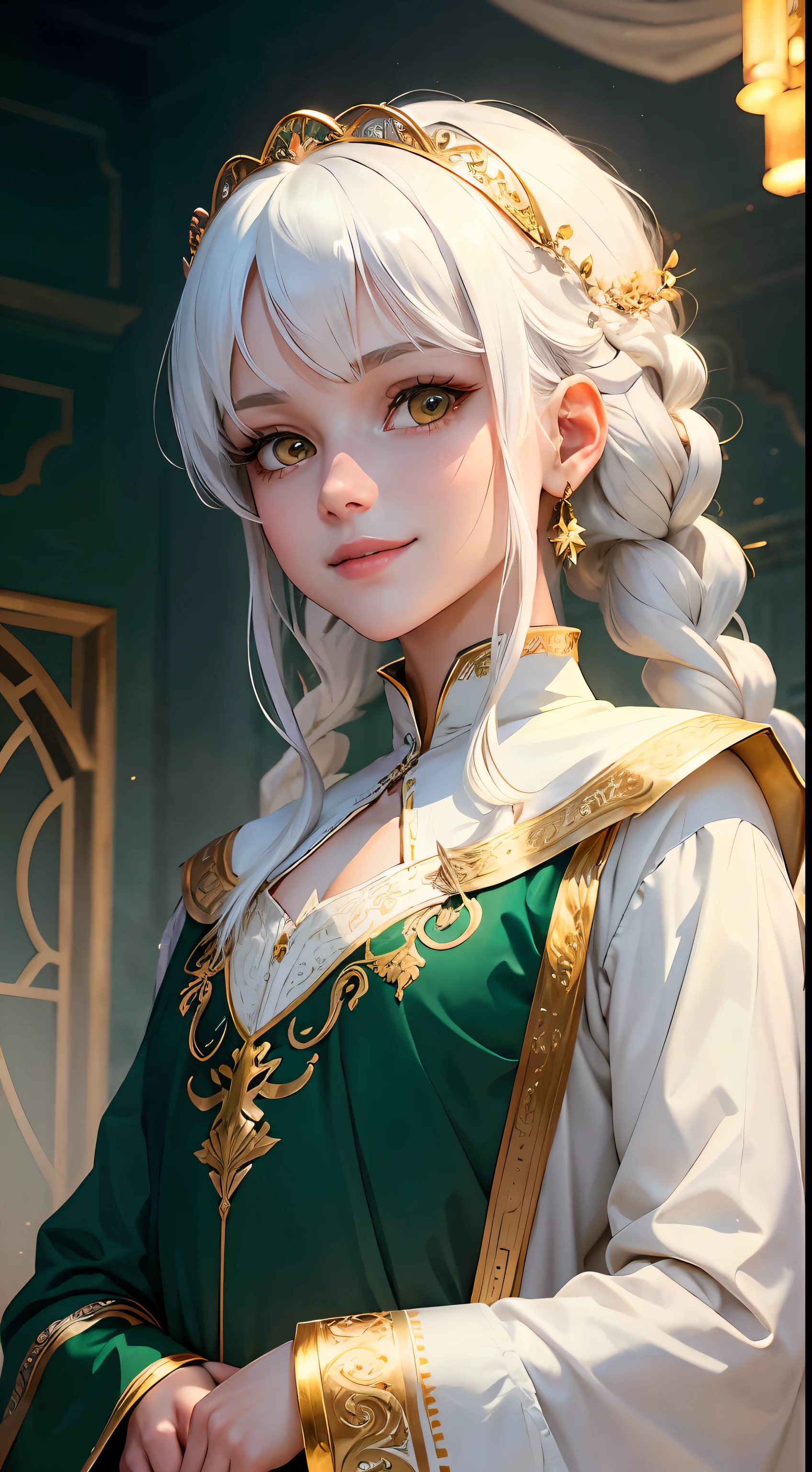 best quality, white hair, gold eyes, emerald green clothes, looking up, upper body, hair strand, Fair skin, smiling