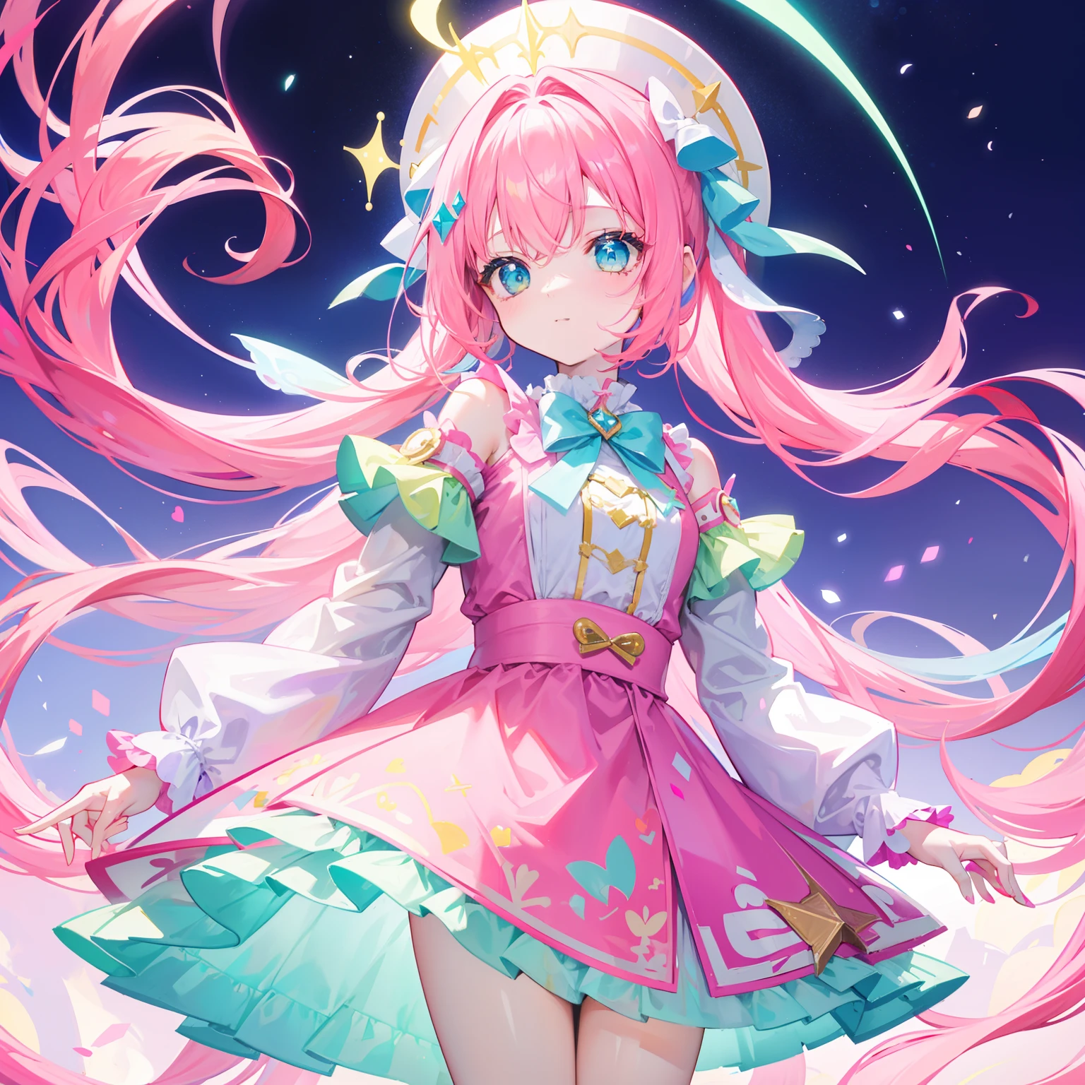 Colorful light background,long whitr hair,Has a bright pink-purple transparent gum texture,In pink、Wear it with blue and white clothes,Yellow and green ornaments with cyan accents,This is a very sweet and sweet loli girl
