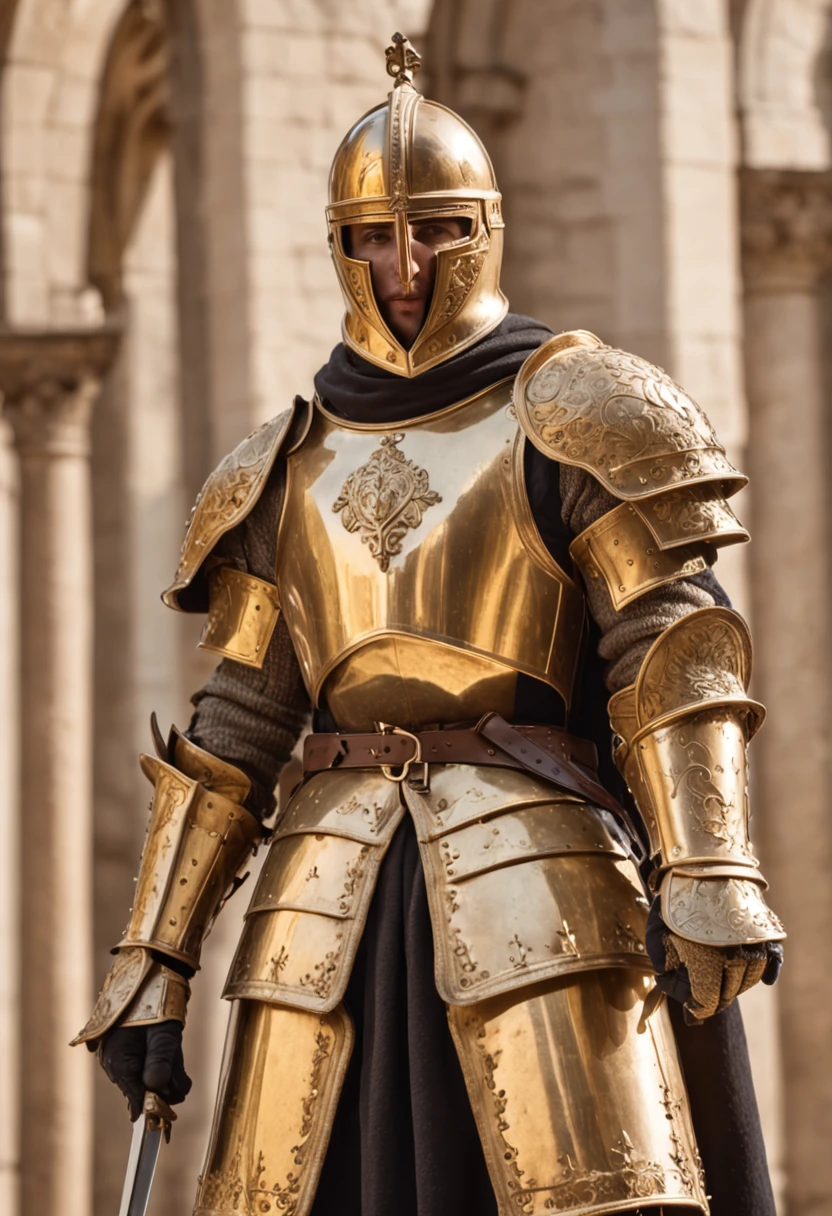 majestic royal knight dressed in golden armor, holding a sword with confidence and valor. The knight stands tall and strong against the backdrop of a magnificent castle, bathed in sunlight, showcasing the regality and power of the royal order. This high-definition image captures the essence of chivalry and nobility, making it perfect for projects that require a touch of grandeur and heroism.