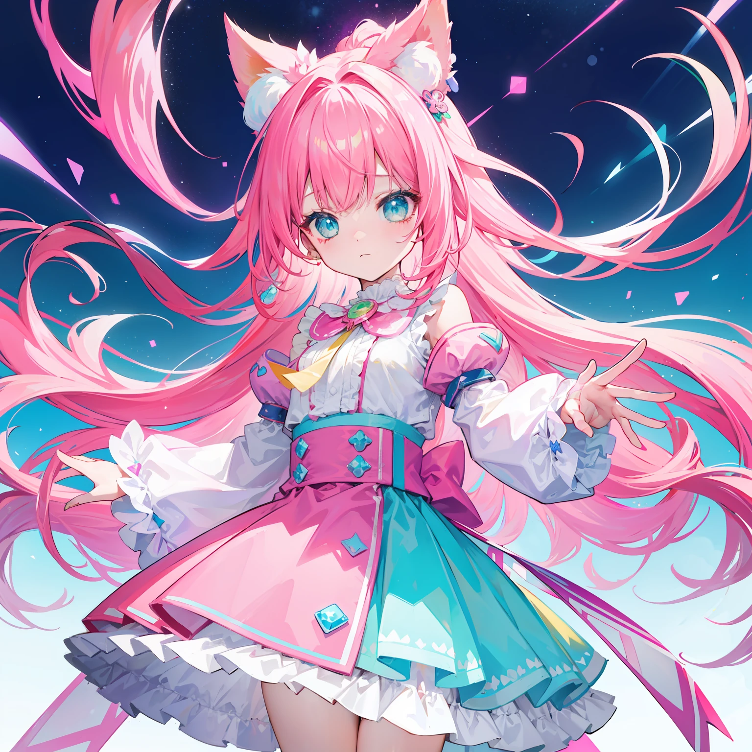 Colorful light background,long whitr hair,Has a bright pink-purple transparent gum texture,In pink、Wear it with blue and white clothes,Yellow and green ornaments with cyan accents,This is a very sweet and sweet li girl