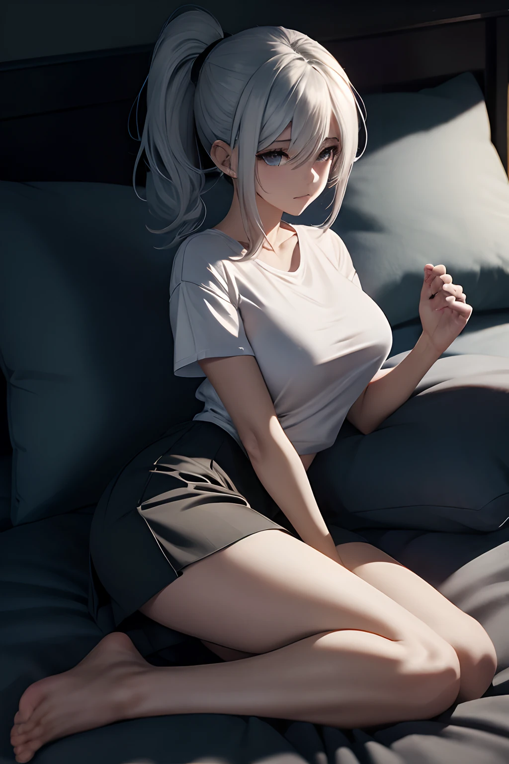 masterpiece、hightquality、hight resolution、in 8K、One girl、Realistic Woman、Realistic skin、Realistic body、White underwear、platinum grey hair, silber hair、Short ponytail、In a white T-shirt、Raw feet、skirt by the、Beautuful Women、ample breasts、Body line enhancement、Depth、Depth of subject、On the bed at home、(closing eye、ignore)、Burning Body、lie on one's side、Leaning on a pillow、Hold both knees、The areol、expose、Publish All、Publish All