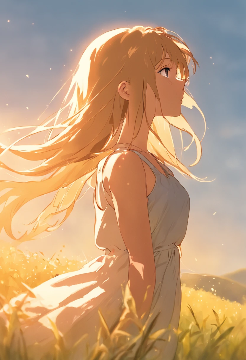 Girl in a sun-kissed meadow, vibrant realism, youthful charm, flowing sundress, golden hour lighting, playful breeze, dreamy gaze, profile view, rolling hills background, warm and inviting atmosphere, soft focus, lens flare, summertime bliss, 35mm focal length, Nikon Z7
