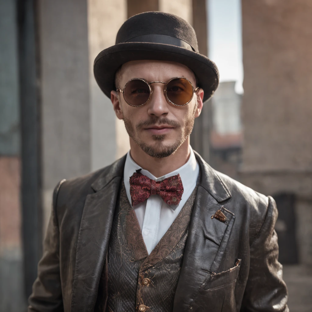obra maestra, realista Handsome Gentleman steampunk, apuesto Hombre estilo hipster, Traje de cuero, costoso y de lujo muy elegante, Steampunk Sombrero decorado con gafas goggles,sombrero de copa, Arte digital 8K, Tatuado y musculoso, Hombre impresionante, industrial, Retro futurista, punk, machine, Retro, engranajes, Gafas futuristas, fantastic face, hermoso aspecto, cabello detallado, Ultra Enfoque, cara iluminada, Cara detallada, 8K resolution, acuarela, Estilo Razumov. arte de Razumov y Volegov, Hyperrealism Painting Concept Art of detailed character, 8 k resolution blade runner