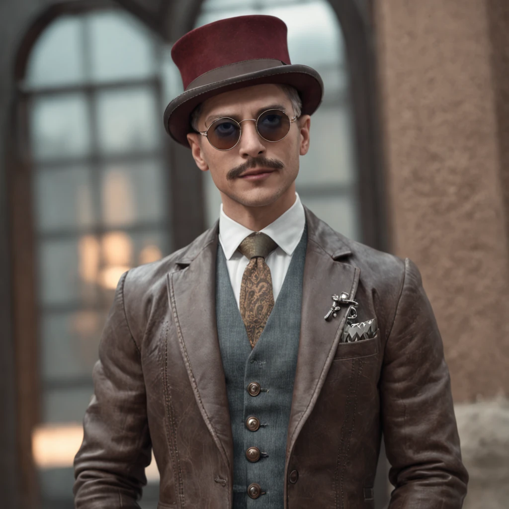obra maestra, realista Handsome Gentleman steampunk, apuesto Hombre estilo hipster, Traje de cuero, costoso y de lujo muy elegante, Steampunk Sombrero decorado con gafas goggles,sombrero de copa, Arte digital 8K, Tatuado y musculoso, Hombre impresionante, industrial, Retro futurista, punk, machine, Retro, engranajes, Gafas futuristas, fantastic face, hermoso aspecto, cabello detallado, Ultra Enfoque, cara iluminada, Cara detallada, 8K resolution, acuarela, Estilo Razumov. arte de Razumov y Volegov, Hyperrealism Painting Concept Art of detailed character, 8 k resolution blade runner