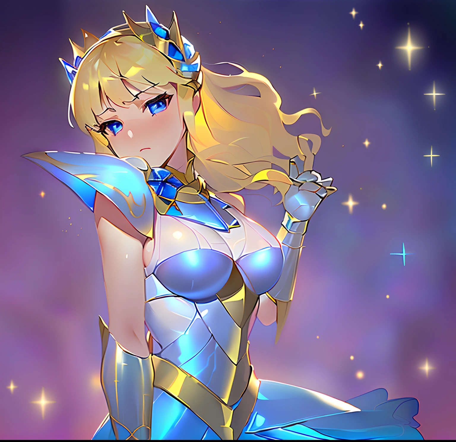 Anime girl in white dress with sword and crown, knights of zodiac girl, portrait knights of zodiac girl, In sapphire armor, highly detailed exquisite fanart, blonde - haired princess, sparkling magical girl, oppai,huge tit, with large breasts,  seductive princess knight, Dress Armor Girl, ((a beautiful fantasy empress)), royal elegant pose, Sapphire Princess