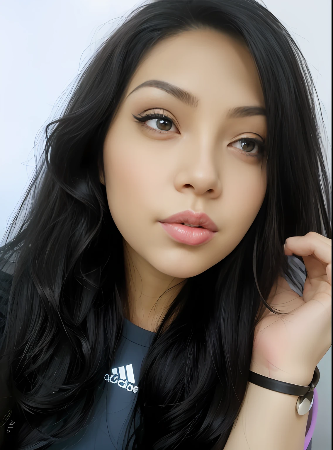 there is a woman that is talking on a cell phone, black hair and large eyes, violet myers, sexy face, gorgeous latina face, with straight black hair, close up face, thick lips, alanis guillen, profile image, black hair and brown eyes, beuatiful face, ayahausca, headshot profile picture, 30 years old woman