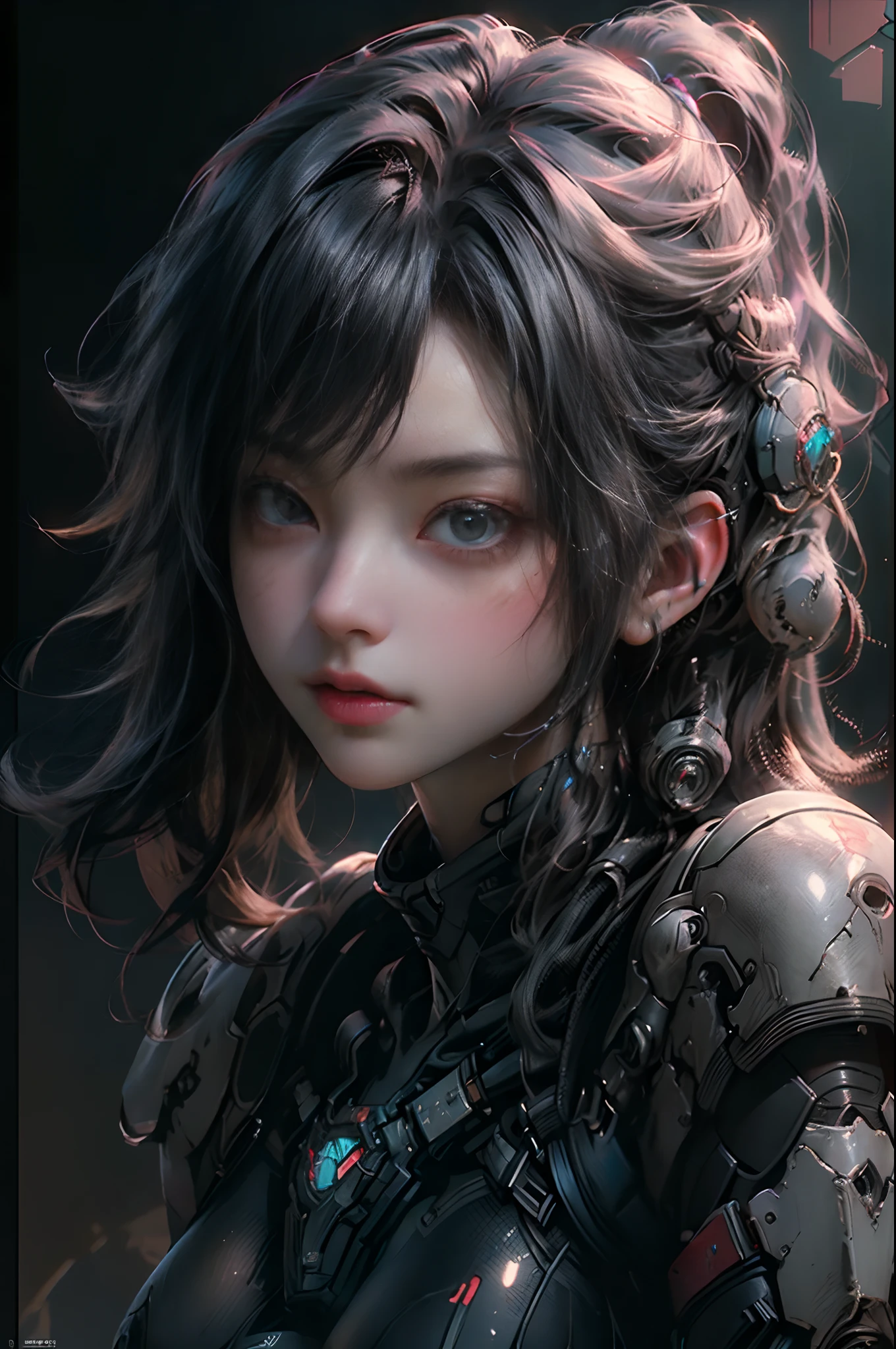 ((Best quality)), ((masterpiece)), (detailed:1.4), photograph of a beautiful cyberpunk female, (wearing smooth organic tech armor), (long shapeless hair), big breasts, ((extreme close-up portrait)), (Depth-of-field), Maximum clarity and sharpness, Octane Render, (Cinematic lighting),Rule of thirds,8K RAW