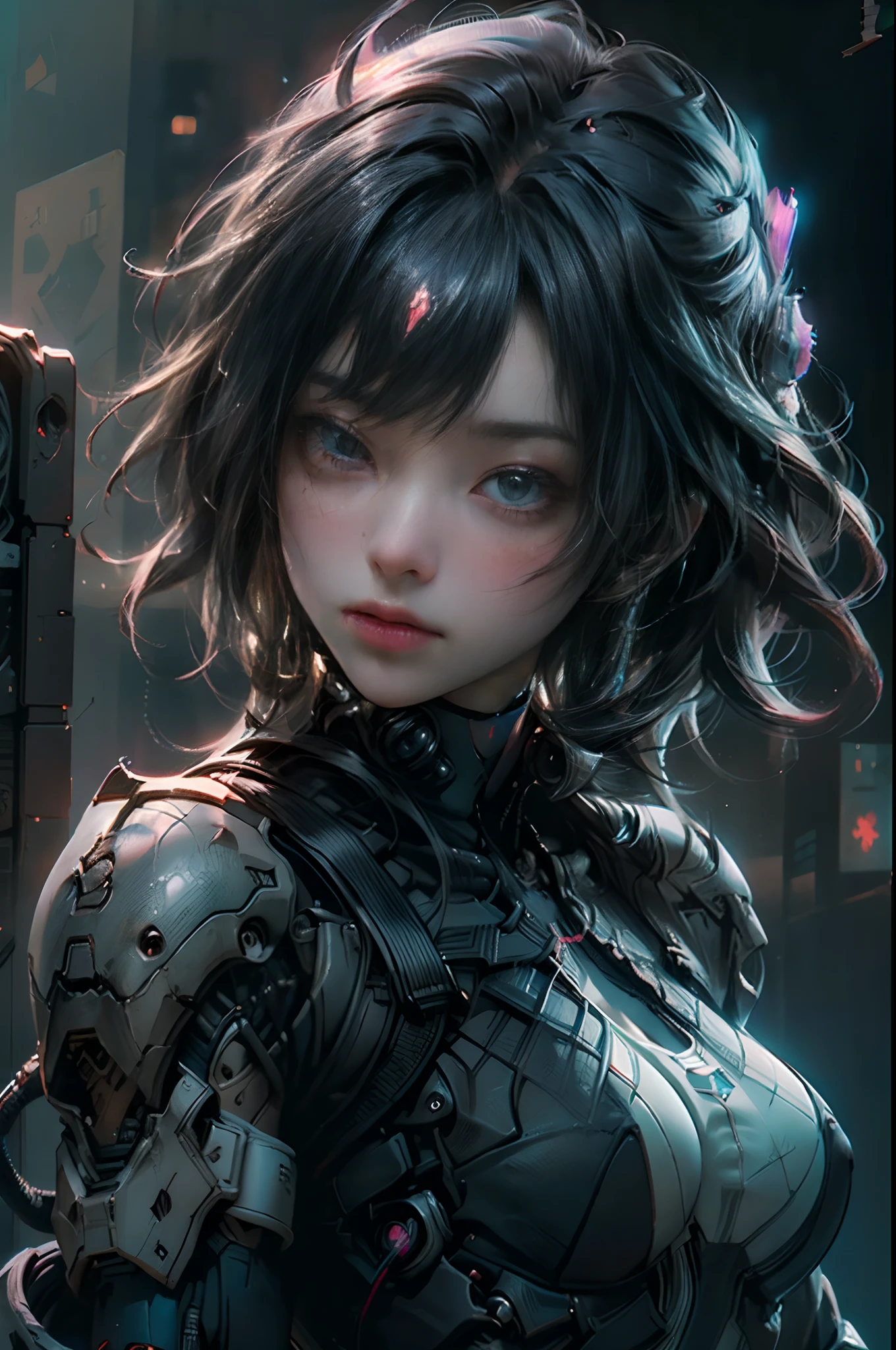 ((Best quality)), ((masterpiece)), (detailed:1.4), photograph of a beautiful cyberpunk female, (wearing smooth organic tech armor), (long shapeless hair), big breasts, ((extreme close-up portrait)), (Depth-of-field), Maximum clarity and sharpness, Octane Render, (Cinematic lighting),Rule of thirds,8K RAW
