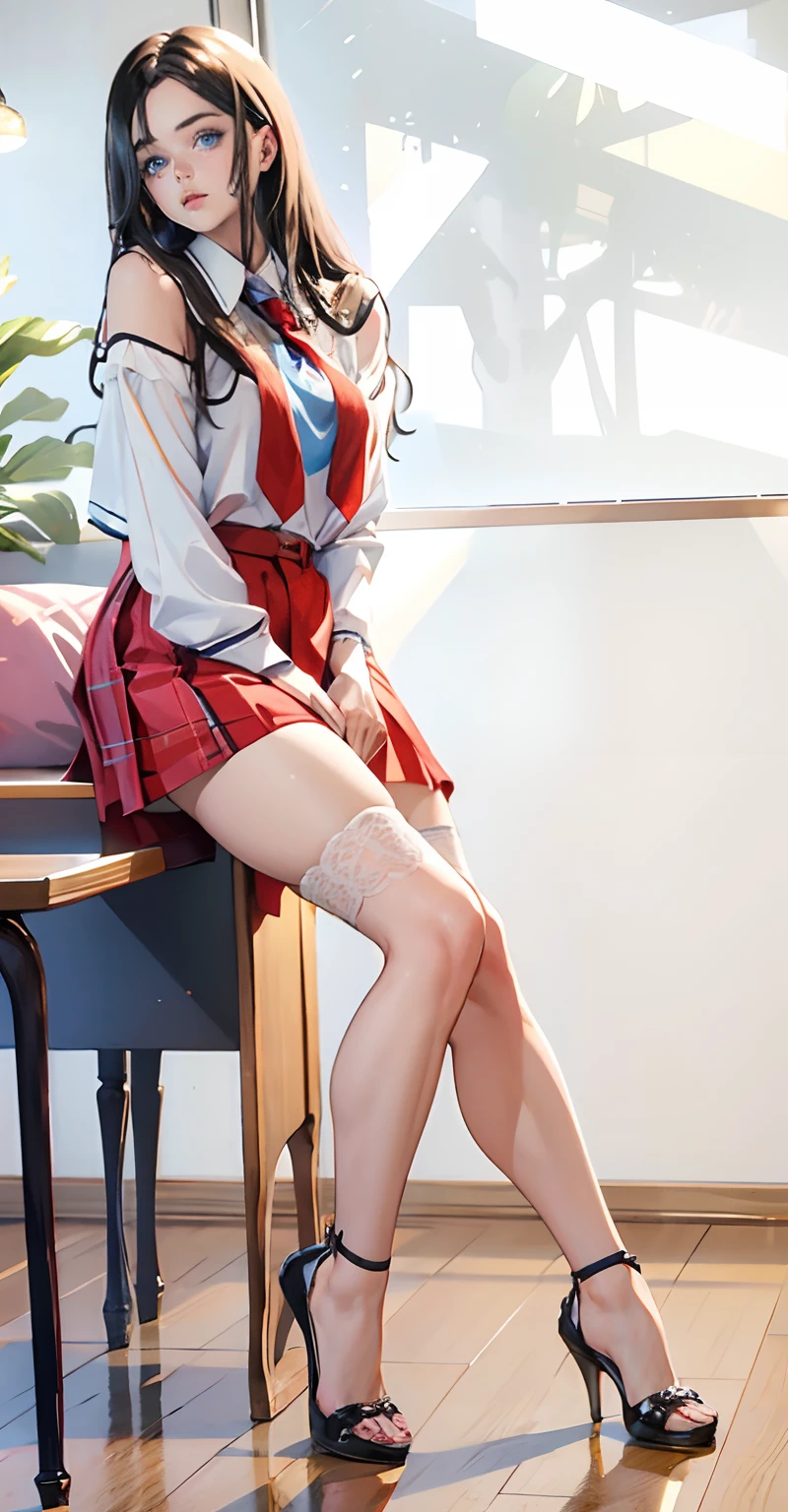 ((high resolution)),((masterpiece:1.5)), ((Highest quality:1.5)), ((Super detailed:1.5)),One Girl,Girl is ,cute,((A gentle smile:1.4)), Thighs, beautiful girl, ((Young face:1.0)),((Young body type:1.0)),Flowers, たくさんの小さなflowerびら, flower、Narrow waist, RAWphotograph,Bright lighting、Face Light, Ultra-realistic, High resolution, photograph, Sharp focus, Highly detailed eyes and face,Symmetrical face,Beautiful detailed eyes,Beautiful flowing hair,whole body、(Large Breasts)、Long Hair,((Spread your legs:1.5)),A glimpse of her panties、((Emphasized cleavage)),((Alluring cleavage)),Red mini skirt、White knee socks、White lace shirt,Big red ribbon、White sneakers、Red School Bag、Shooting from below