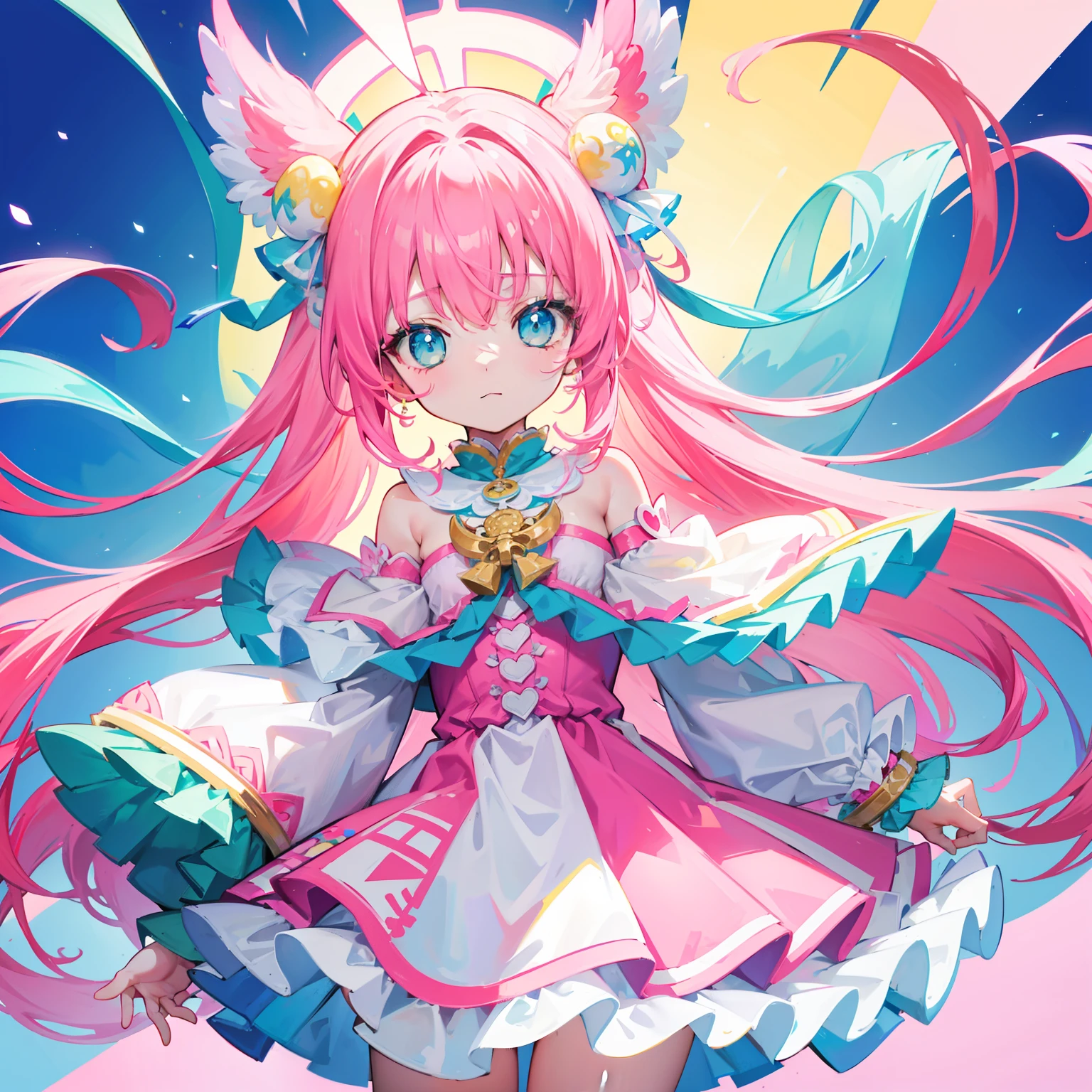 Colorful light background，long whitr hair，Has a bright pink-purple transparent gum texture，In pink、Wear it with blue and white clothes，Yellow and green ornaments with cyan accents，This is a very sweet and sweet loli girl