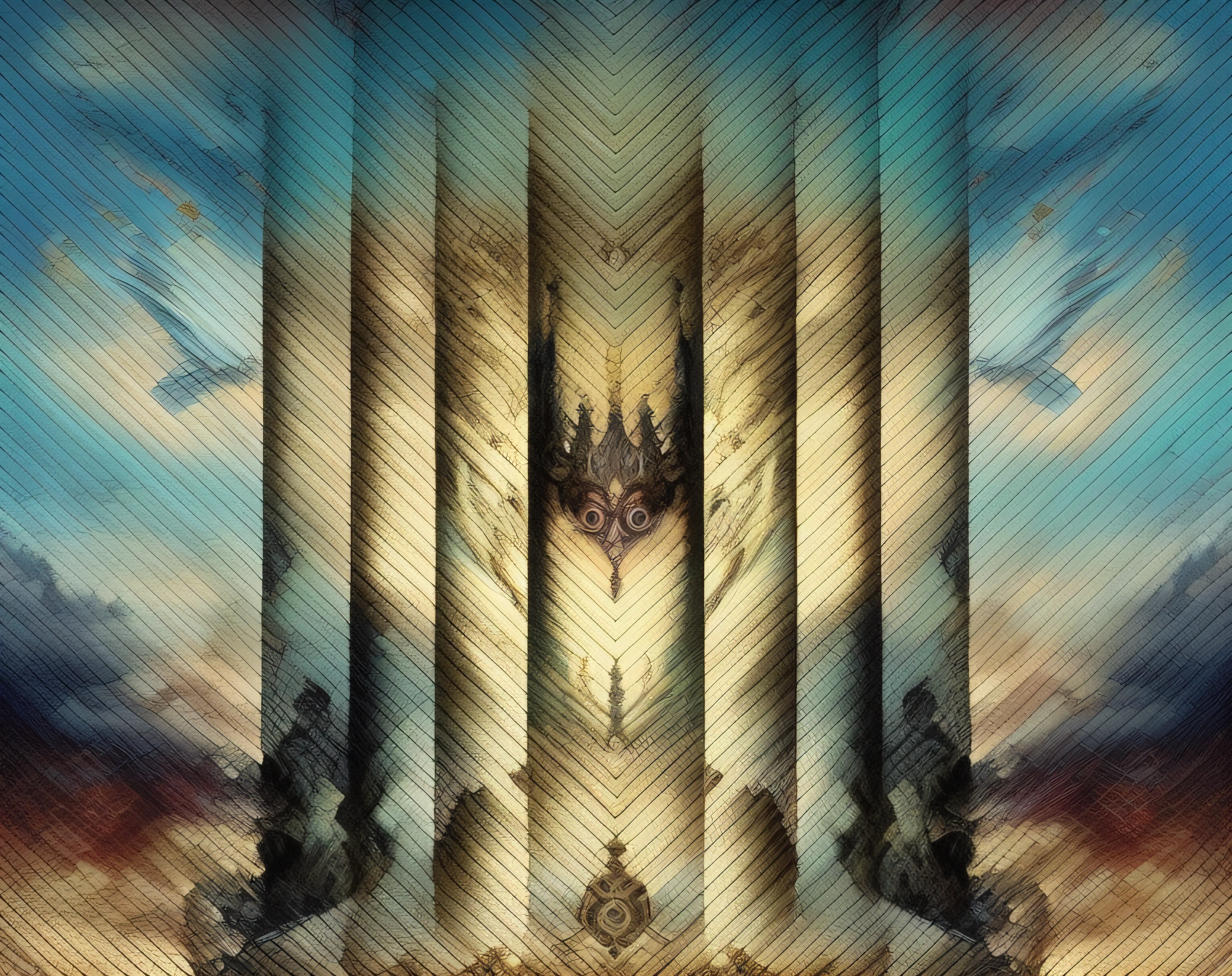 a painting of a large column with a sky background, symmetrical fantasy landscape, colunas marmorizadas, abstract occult epic composition, Symmetrical Baroque painting, barroco fractal, digital visionary art, tecido ondulante da realidade, inspirado em Daniel Merriam, coherent and symmetrical works of art, Fractal dreamscape, pintura digital barroca, pintura de fantasia com falhas, maximalismo arte digital