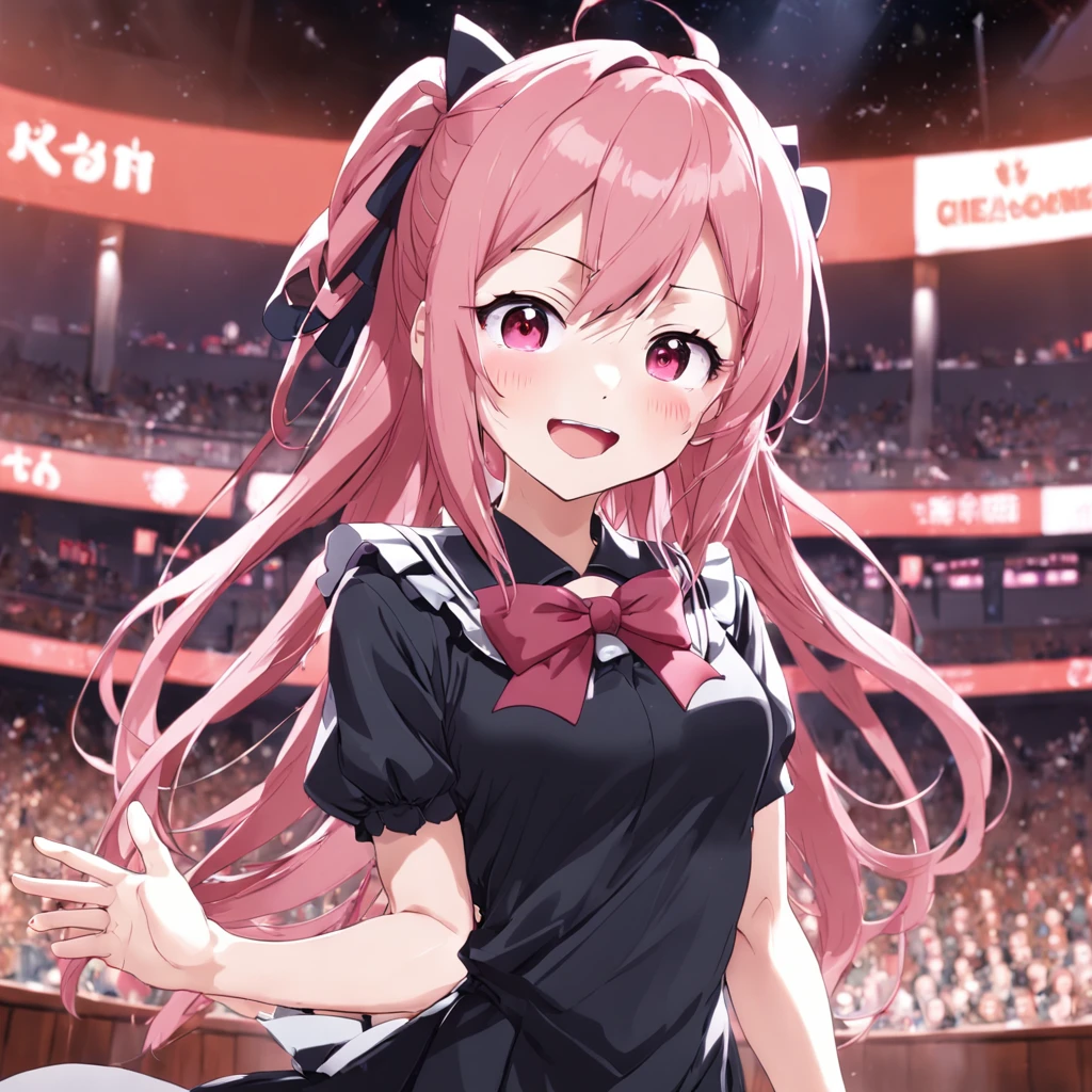 Best Quality, (Masterpiece:1.2), Detailed, Fujiwara Chika (Kaguya-sama), 1girl, 独奏, open mouth, Smile, pink hair, blue eyes, hairlong, school uniform, Black sexy dress, Hair Bow, black bow, red ribbon, Standing, hands together, looking at the viewer, Classroom, very sexy body, Undress, Torn clothes, 18+, Sex, , , NSFW