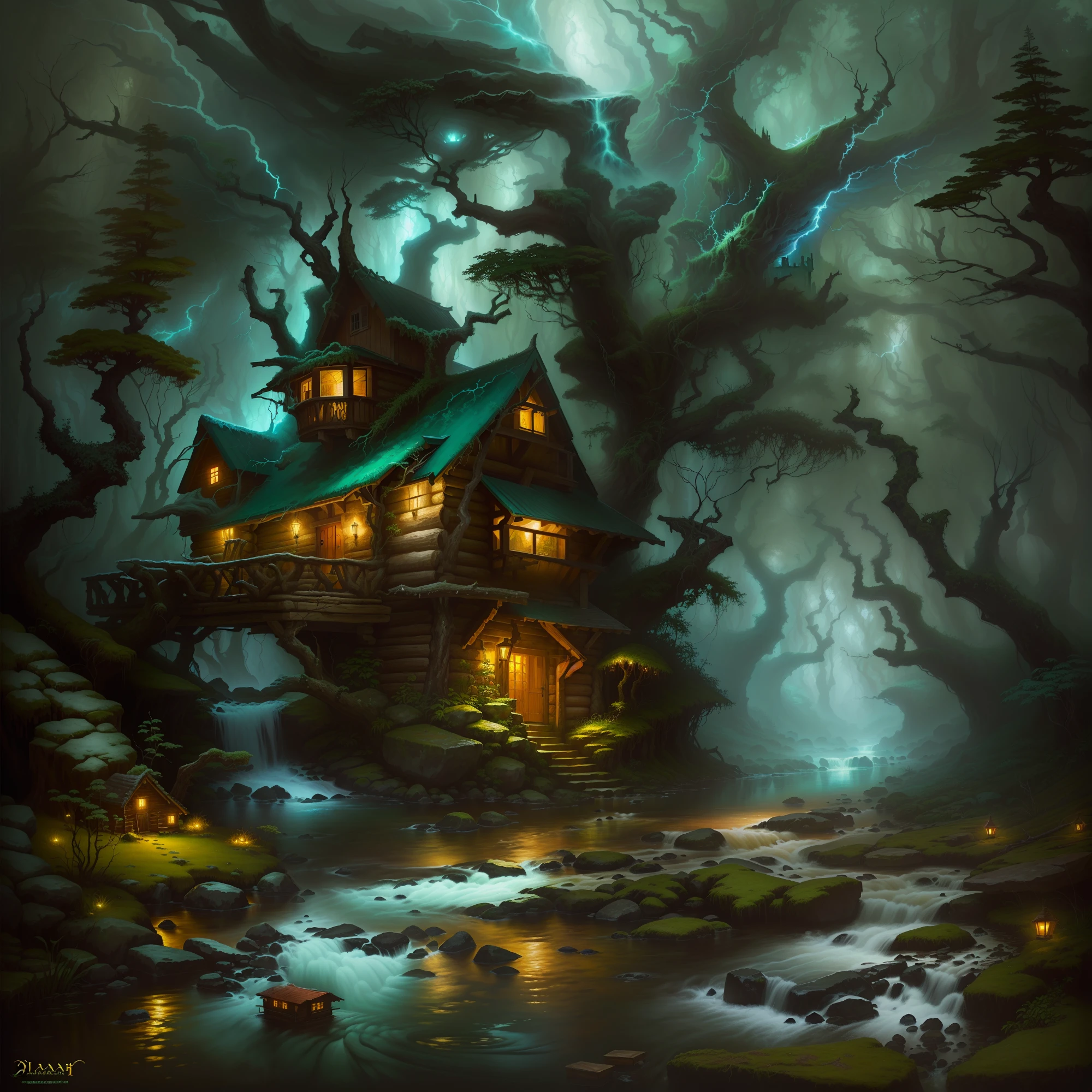 painting of a cabin in the woods with a stream running through it;, Pintura realista de fantasia, whimsical fantasy landscape art, lightning fantasy magic, fantasy painterly style, Casa de campo na floresta, Casa da Fantasia, Casa na Madeira, Thomas Kinkade, Pintura digital de fantasia, Casa de campo na floresta, Casa de bruxa na floresta, Fantasy oil canvas