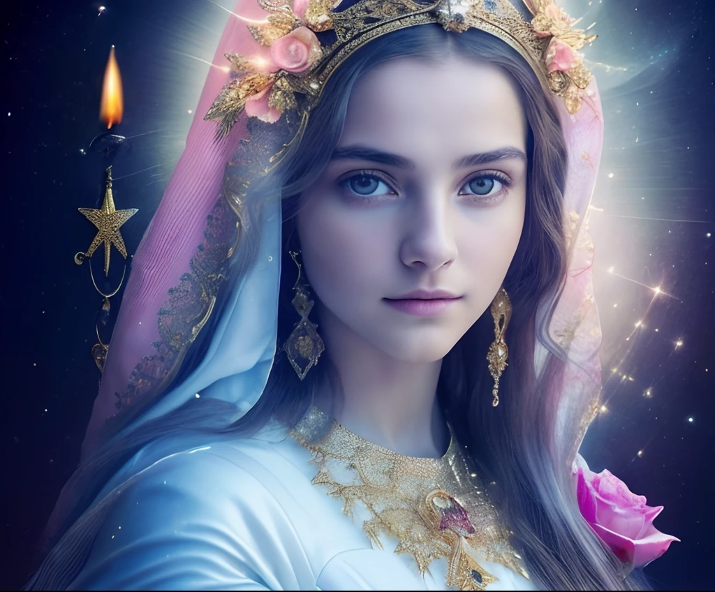 (((Blessed Virgin Mary. 19 years old))) ((( Con una cara seria y piadosa. Con una mirada dulce y tierna))) (obra maestra, calidad superior, mejor calidad, arte oficial, beautiful and aesthetic: 1.2), (1girl), extremadamente detallado, (Arte fractal: 1.3), colorido, highest detailed, Cara perfecta, parte superior del cuerpo, HDR, (orando: 1.3), (golden lines of white coat: 1.2), galaxia, (rayas de luz), eye-catching visuals, (dynamic stripes, senderos luminosos: 1.2), colores vibrantes,