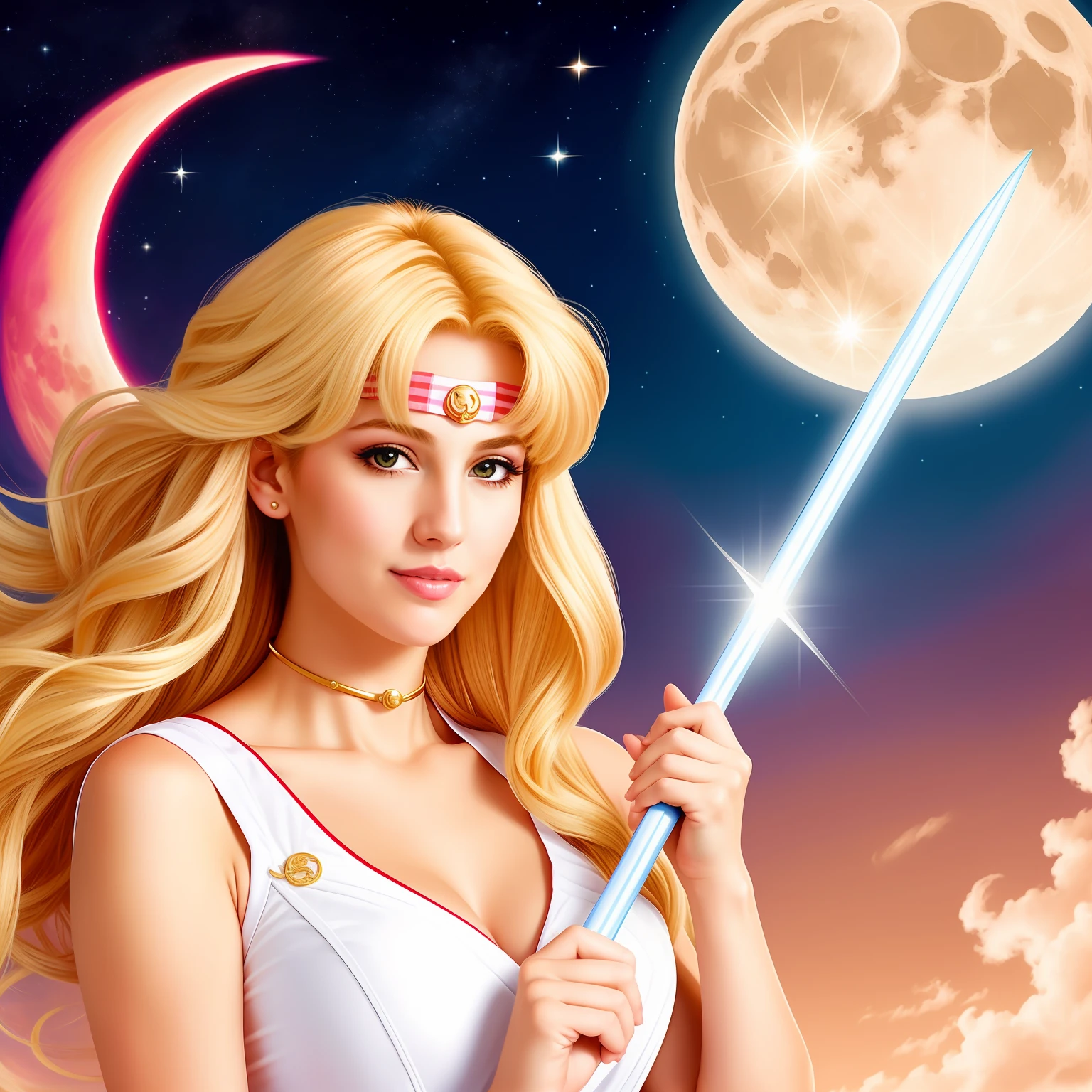 "(Mature and realistic depiction:1.2) Sailor Moon confidently wielding the Moon wand, her flowing blonde hair, dressed in trendy 2000s fashion."