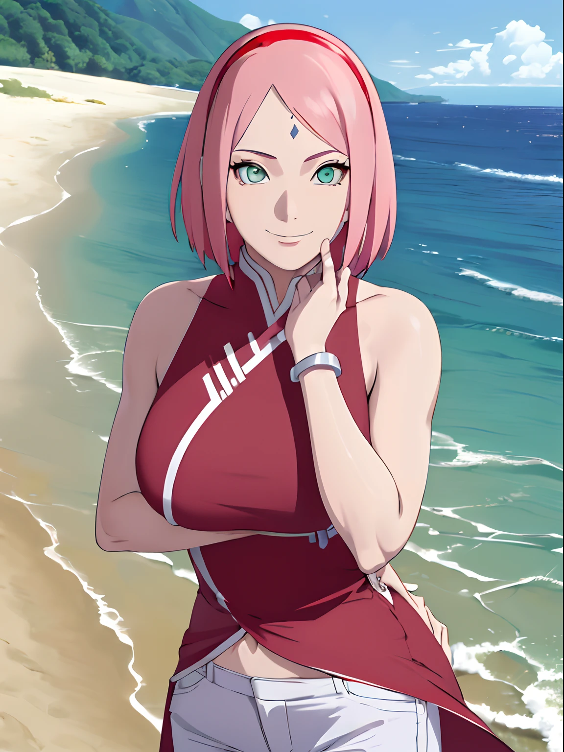 (masterpiece, 1k, anime style, hand drawing, vector coloring, portrait, face shot, professional artwork, detailed beach background, intricate details, colorful, bold drawing lines), (ultra detailed body, ultra detail hair, ultra detail face), trending on pixiv, kind smile, very hot color, best quality, 1girl, hires, haruno sakura, contrasty lighting, (forehead mark, milf, red hairband, pale skin, short hair, ((red sleeveless dress), white pants), navel, groin, bracelet, looking at viewer, crossed arms, pink hair, green eyes, smile, beach, wind, floating hair, detailed arms, off-shoulders, muscular arms, standing), sunnyday