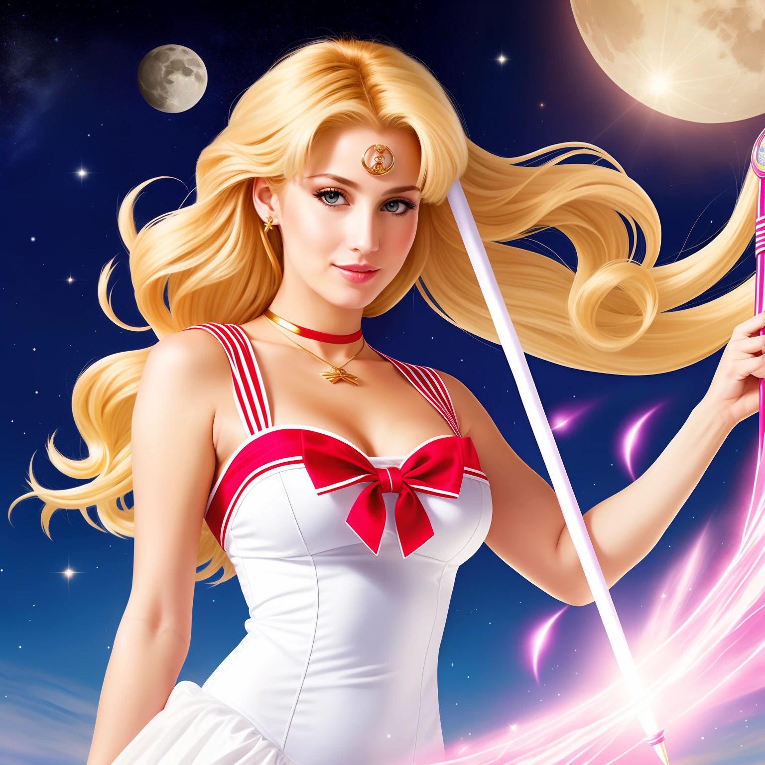 "(Mature and realistic depiction:1.2) Sailor Moon confidently wielding the Moon wand, her flowing blonde hair, dressed in trendy 2000s fashion."