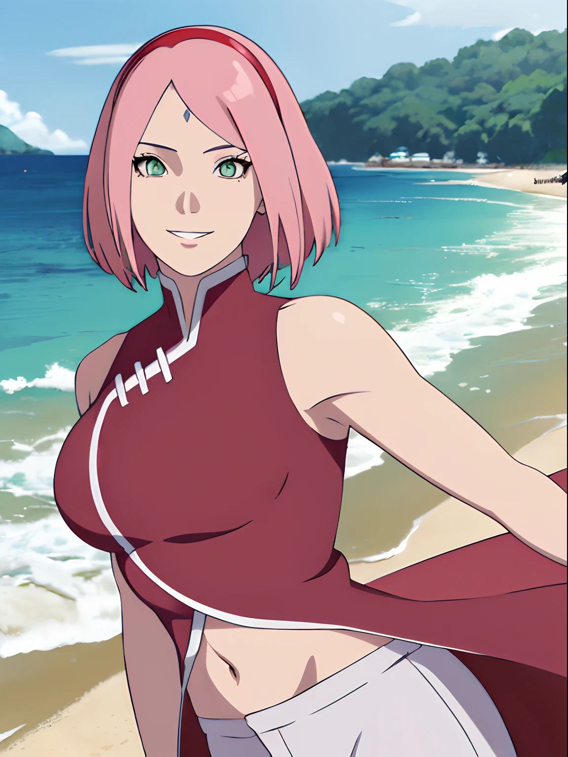 (masterpiece, 1k, anime style, hand drawing, vector coloring, portrait, face shot, professional artwork, detailed beach background, intricate details, colorful, bold drawing lines), (ultra detailed body, ultra detail hair, ultra detail face), trending on pixiv, kind smile, very hot color, best quality, 1girl, hires, haruno sakura, contrasty lighting, (forehead mark, milf, red hairband, pale skin, short hair, ((red sleeveless dress), white pants), navel, groin, bracelet, looking at viewer, crossed arms, pink hair, green eyes, smile, beach, wind, floating hair, detailed arms, off-shoulders, muscular arms, standing), sunnyday