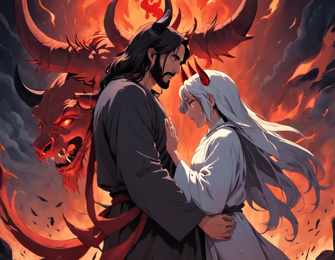 "Love scene between Jesus and the devil woman. A sensitive and intense manifestation of the conflict between good and evil, With a mysterious gloomy atmosphere. Highlight the facial expressions of the characters, Convey passion and tension. Dramatic lighting and rich colors, Enhance the emotional depth of the scene. Carefully crafted details, As clothing and scenery, Increase realism and enrich visual storytelling. A combination of symbol elements, As a religious and supernatural element, Create unique and engaging experiences."