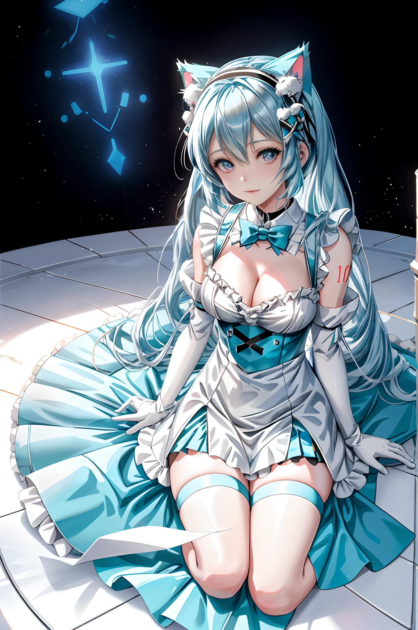 There is a woman in a white dress and blue hair posing, Rem Rezero, Rei Ayanami, ayanami, Hatsune Miku cosplay, Anime girl cosplay, Anime cosplay, mikudayo, cosplay foto, cheerfulness!!!, Also, 2 b, 2b, cosplay of a catboy! maid! dress, ****, cosplay，，big breasts exposed cleavage，drenched all over the body，Flame it up，Raised sexy，Desire expression，Pubic hair shows through，Naked，sitting down，kneeling down，lying down