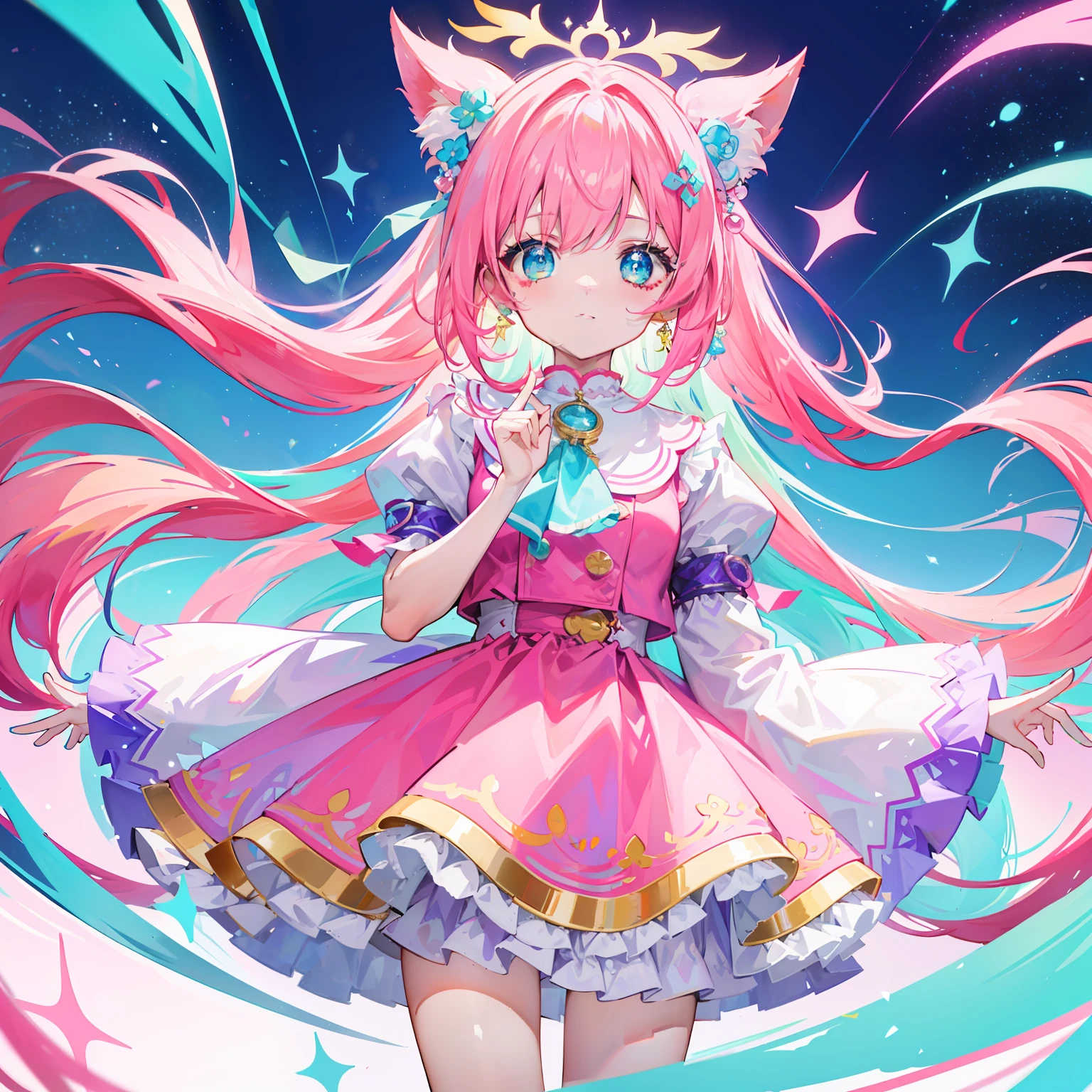 Colorful light background，long whitr hair，Has a bright pink-purple transparent gum texture，In pink、Wear it with blue and white clothes，Yellow and green ornaments with cyan accents，This is a very sweet and sweet loli girl