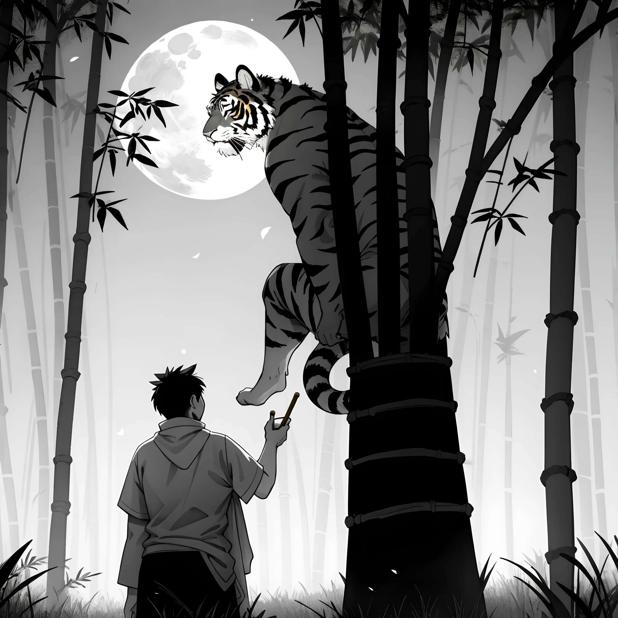 beautiful yellow moon in grayscale phtoto, bamboo forest, Chinese, male animal tigers and female human,
