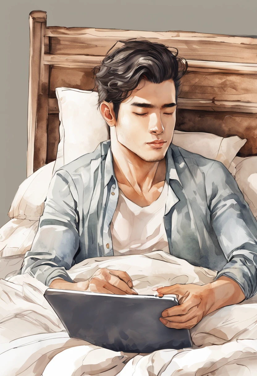 At the head of the bed, A young man lying on a pillow looking at his phone。Lie prone on the bed,Place your hands under your head,Sleepy expression, relaxing after a hard day, Listen to music at 2 a.m, resting after a hard fight, Lie down in bed,Highly faded hairstyle, White shirt, Handsome, Cool
