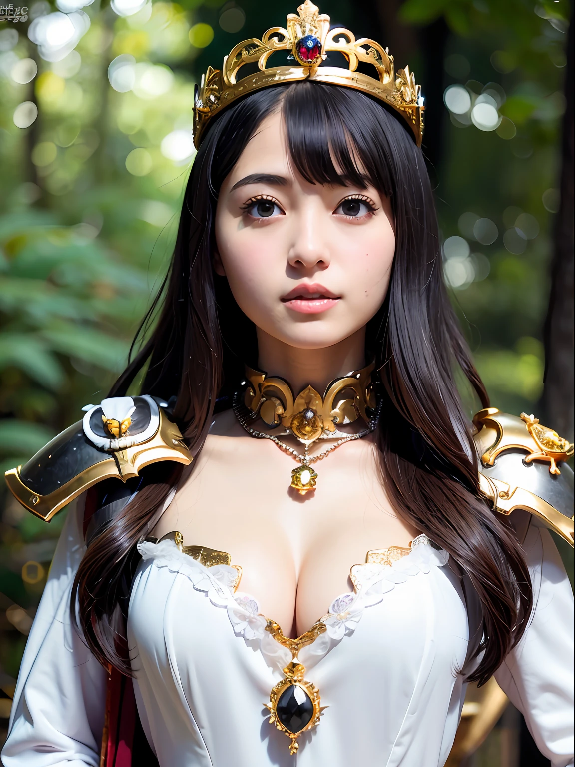 (masutepiece), Professional , ​masterpiece、top-quality、photos realistic , depth of fields （Gemstone Silver Metal Body:1.９),(Matte White、Jewel Gold Weapon（Jewel Metal Body:1.４),Gorgeous metal weapons , Detailed Sword of the Brave , Beautiful knife   ,warhammer 40k , adepta sororitas,Detail and ornate jewel crown、Black hair、Gangle's forest background、Beautiful Caucasian beauty、１a person、dynamic ungle,(((Detailed and ornate diamond crown)))、Smaller head、A smile、Background inside the castle、Thin and beautiful female hands、cleavage of the breast、Soldier in iron armor on background、Soldier in iron armor on background、Mystical expression、Light Effects、