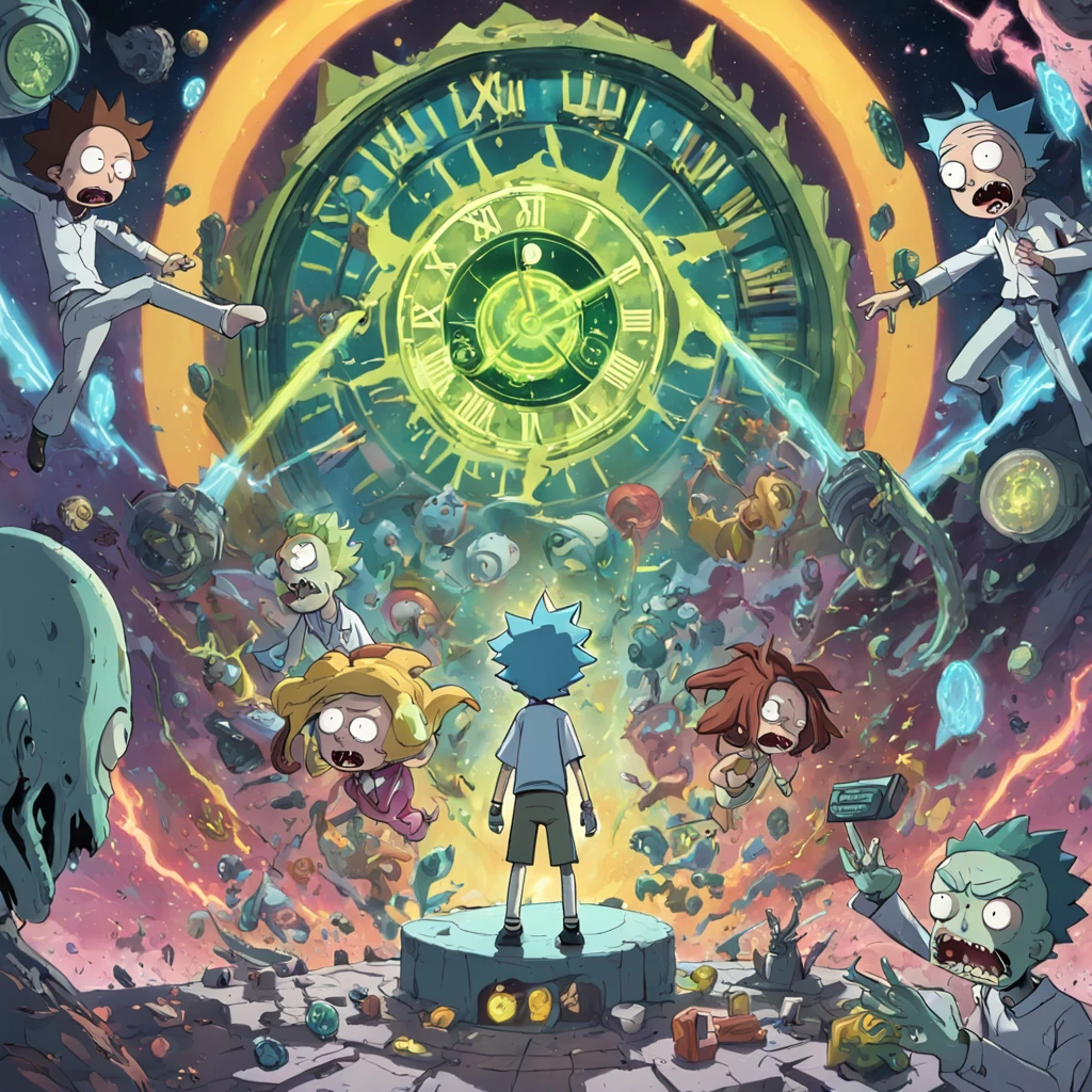 title: "Chronological chaos"

Sinopse: In the episode "Chronological chaos" de Rick and Morty, a crazy new invention by Rick accidentally messes up the entire time continuum, leading to a chaotic collision of different timelines. The narrative begins when Rick, em uma tentativa de aprimorar seu controle sobre as viagens no tempo, cria um "Cronomix Watch" which promises to synchronize all temporal dimensions in a single line.

No entanto, something goes wrong during an experiment and the Cronomix Clock explodes, creating a time wave that distorts and mixes countless versions of Rick and Morty from various realities. A partir desse momento, different incarnations of Rick and Morty begin to appear in the main timeline, com personalidades e objetivos completamente diversos.

A medida que a trama se desenrola, os Ricks e Mortys de diferentes realidades se encontram e interagem, creating situations both hilarious and tense. Some band together to try to fix the damage done by the Cronomix Clock, while others have agendas of their own, including conquering the multiverse or simply enjoying the confusion.

A linha entre aliados e inimigos se torna turva, since the characters have to face their alternate versions and deal with ethical and moral dilemmas involving the manipulation of time. The action unfolds in chaotic and surreal settings, where reality is constantly reshaping itself as different timelines collide.

Enquanto Rick e Morty lutam para restaurar a ordem temporal, They find themselves confronting not only the consequences of their own actions, but also exploring the complexity of the choices made in multiple realities. The episode addresses deep questions about free will, Identity and the implications of controlling time.

At the climax of the episode, Rick and Morty must find a way to reverse the damage done by the Cronomix Clock and separate the intertwined timelines. No entanto, They learn a valuable lesson