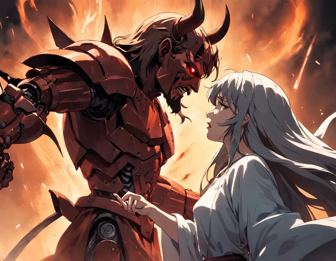 "Duel scene between Jesus and the devil woman. A sensitive and intense manifestation of the conflict between good and evil, With a mysterious gloomy atmosphere. Highlight the facial expressions of the characters, Convey passion and tension. Dramatic lighting and rich colors, Ambiguous,Enhance the emotional depth of the scene. Carefully crafted details, Mecha as clothing and scenery, Increase realism and enrich visual storytelling. A combination of symbol elements, As a religious and supernatural element, Create unique and engaging experiences."
