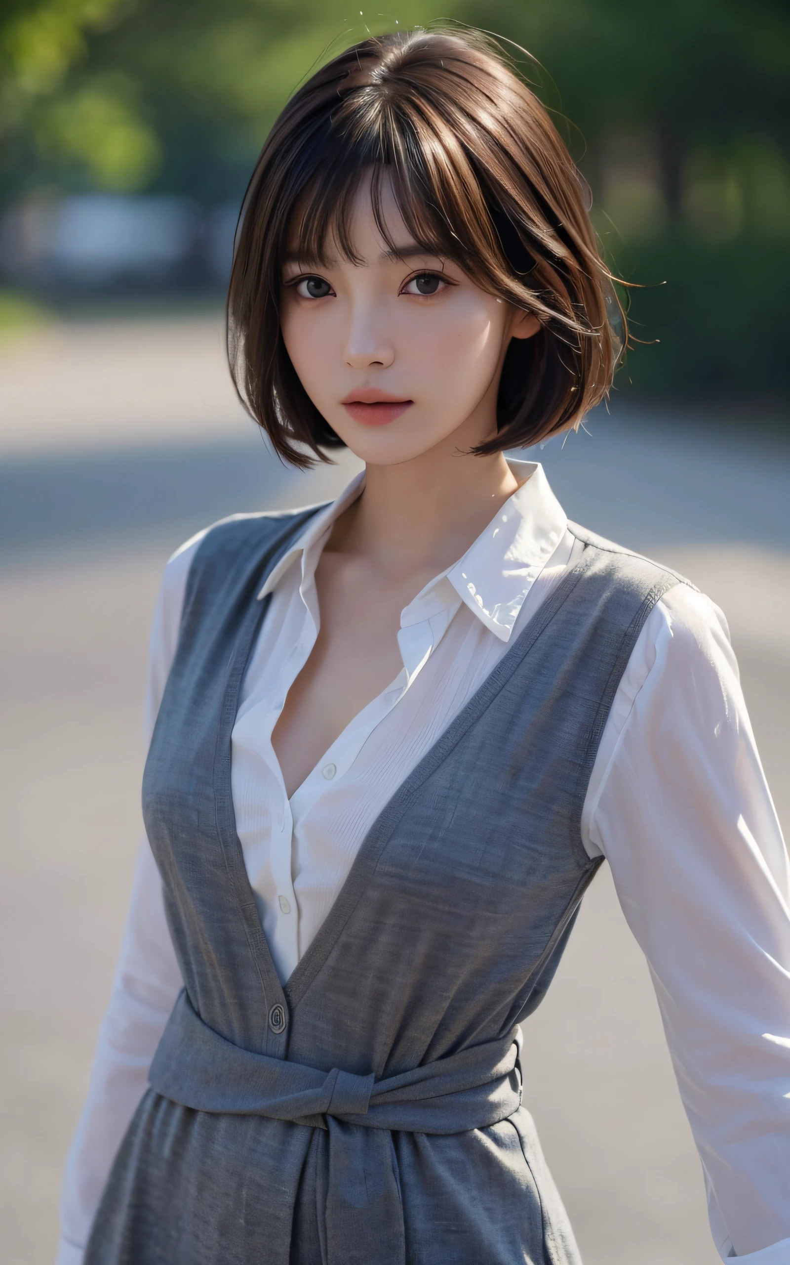 Masterpiece, best picture quality, high quality, beautiful Japanese girl, cute,gravure idol figure, detailed, detailed eyes, detailed skin, beautiful skin, ultra high resolution, (reality: 1.4),very beautiful, slightly younger face, beautiful skin, slender, (ultra realistic), (highresolution), (8K), (very detailed) (beautifully detailed eyes), (super detailed), (wallpaper), (detailed face), looking at viewer, fine details, detailed face, sad, dress shirt, skirt, looking straight ahead, looking straight ahead, angle from waist up, realistic photo, bright lighting, professional lighting, mature woman, (Brown hair, bob hair, layer cut, swaying in the wind, Bangs),