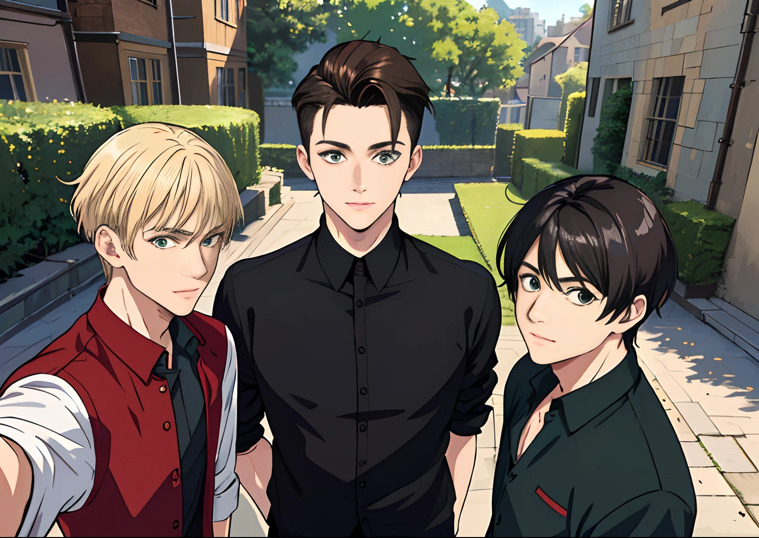 (absurdres, highres, ultra detailed), masterpiece, best quality, 3 man, handsome, black hair, brown hair, casual clothes, background is back alley, best light and shadow, trio friends, 1 black hair man ((sleek hair)), 1 brown hair man ((undercut hair)), 1 blond man ((stylish hair)), tall handsome man, hogwarts vibe, 3 friends, trio friends pose, charming men, (absurdres, highres, ultra detailed, HDR), masterpiece, best quality, anime, Anime cool ((Tall boy)) green eyes, 3rd boy blond hair ((Tall boy)) ((blond hair)) , 3 boys, smile, sunshine, garden, handsome, short hair, looking at viewer, detailed face, ( black shirt ),(red shirt) cool boys, cold male, 8K, Best Quality, Masterpiece, Ultra High Resolution, (Realism: 1.4), Original Photo, (Realistic Skin Texture: 1.3), (Film Grain: 1.3), (Selfie Angle), best friend,Friendship, Trio friends, tall boys, black hair, brown hair,blonde hair.