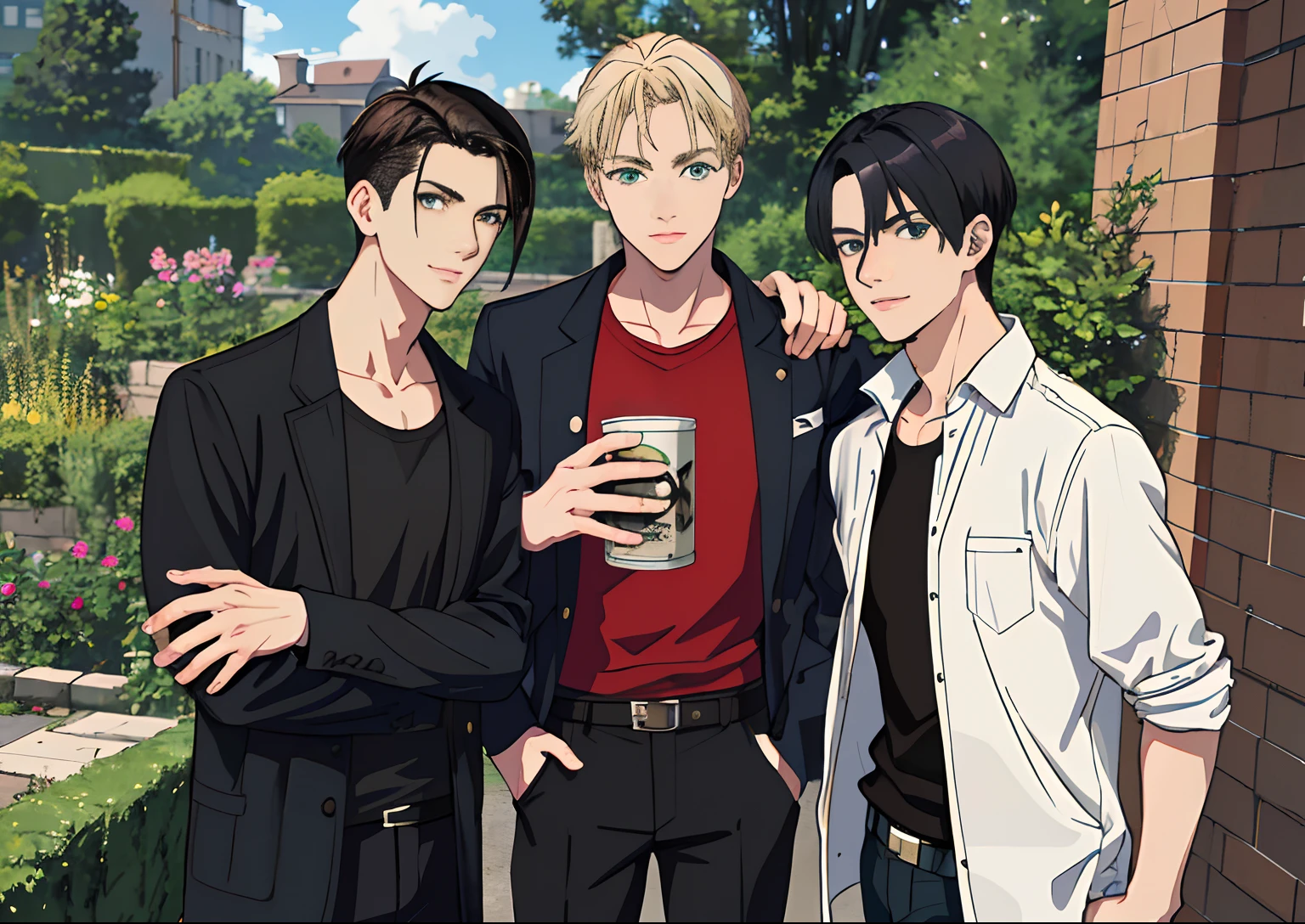 (absurdres, highres, ultra detailed), masterpiece, best quality, 3 man, handsome, black hair, brown hair, casual clothes, background is back alley, best light and shadow, trio friends, 1 black hair man ((sleek hair)), 1 brown hair man ((undercut hair)), 1 blond man ((stylish hair)), tall handsome man, hogwarts vibe, 3 friends, trio friends pose, charming men, (absurdres, highres, ultra detailed, HDR), masterpiece, best quality, anime, Anime cool ((Tall boy)) green eyes, 3rd boy blond hair ((Tall boy)) ((blond hair)) , 3 boys, smile, sunshine, garden, handsome, short hair, looking at viewer, detailed face, ( black shirt ),(red shirt) cool boys, cold male, 8K, Best Quality, Masterpiece, Ultra High Resolution, (Realism: 1.4), Original Photo, (Realistic Skin Texture: 1.3), (Film Grain: 1.3), (Selfie Angle), best friend,Friendship, Trio friends, tall boys, black hair, brown hair,blonde hair.
