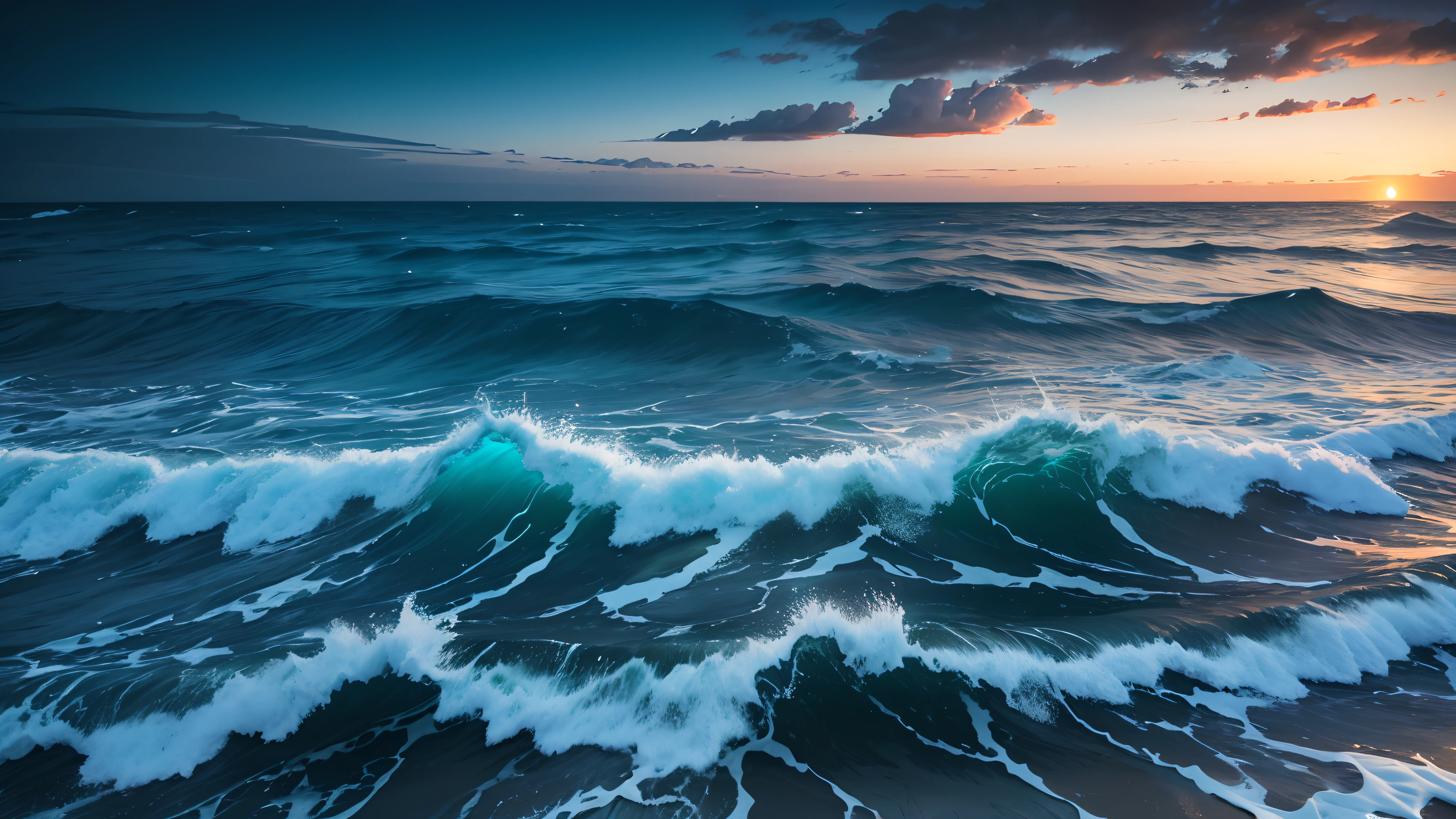 The sea and the sky are the same,Realistic photos of bioluminescent beach and bioluminescent waves taken by DSLR camera,canon eos 5d mark iv,Focus sharply with the correct lens,Highly detailed RAW photos,Shutter masterpiece,Professional photos of the highest quality,an award winning photograph,Large wide angle